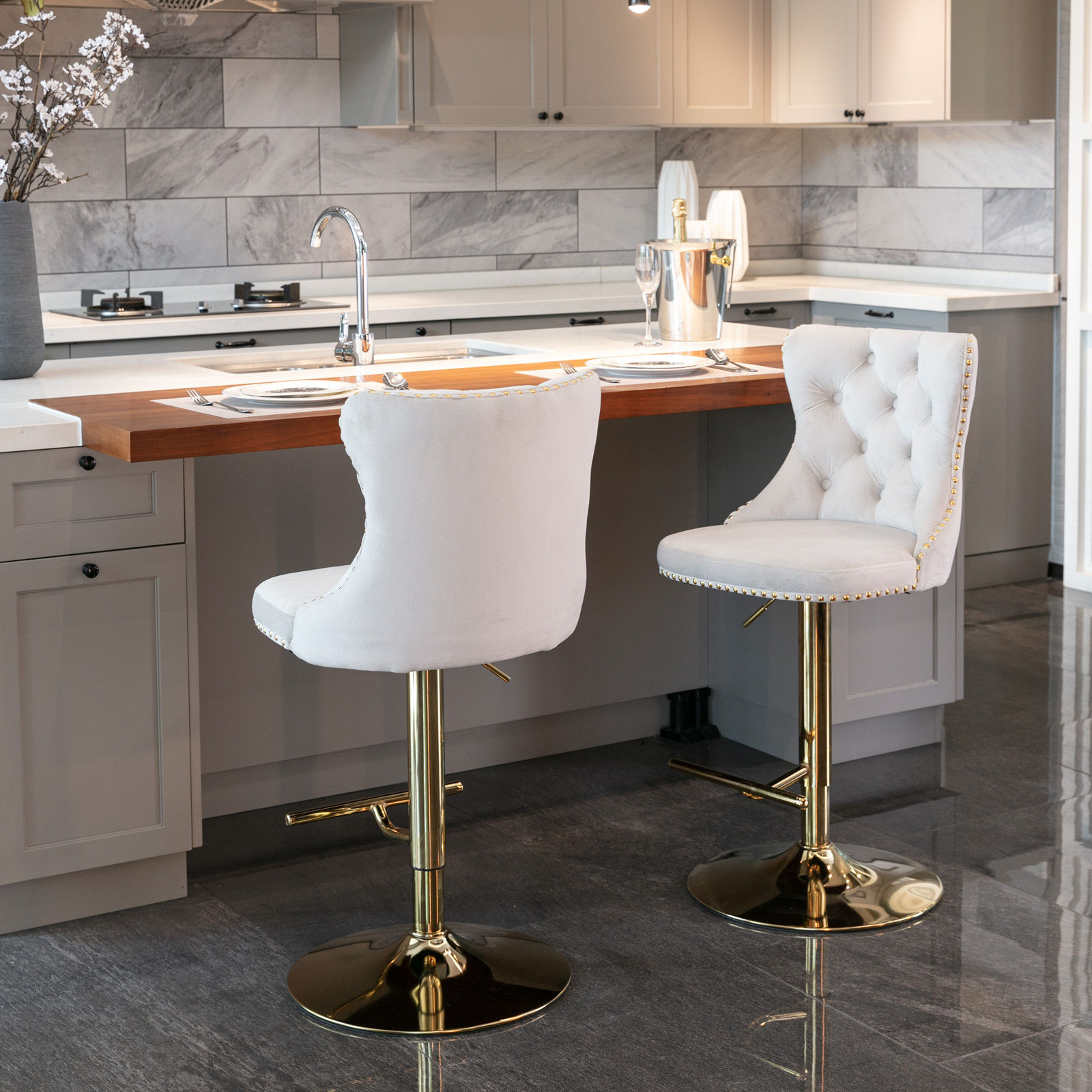Modern Minimalist White & Gold Velvet+Foam Bar Stools