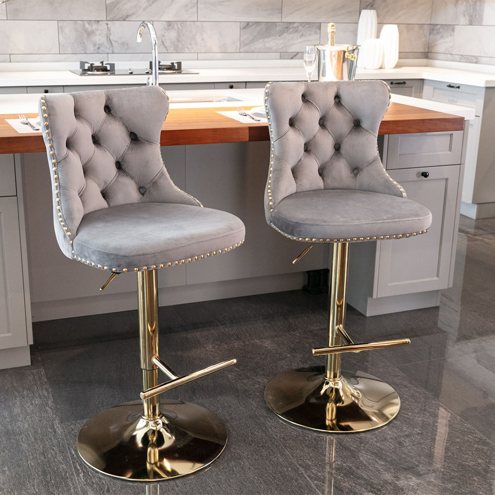 Modern Minimalist Gray&Gold Velvet+Foam Bar Stools