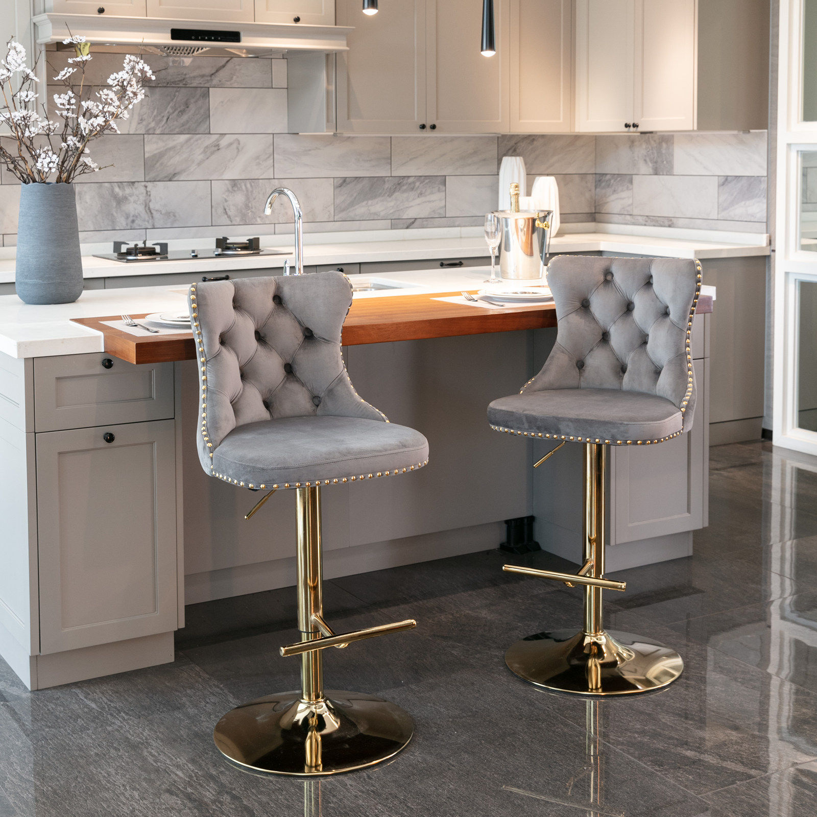 On the Ground Gray&Gold Velvet+Foam Bar Stools