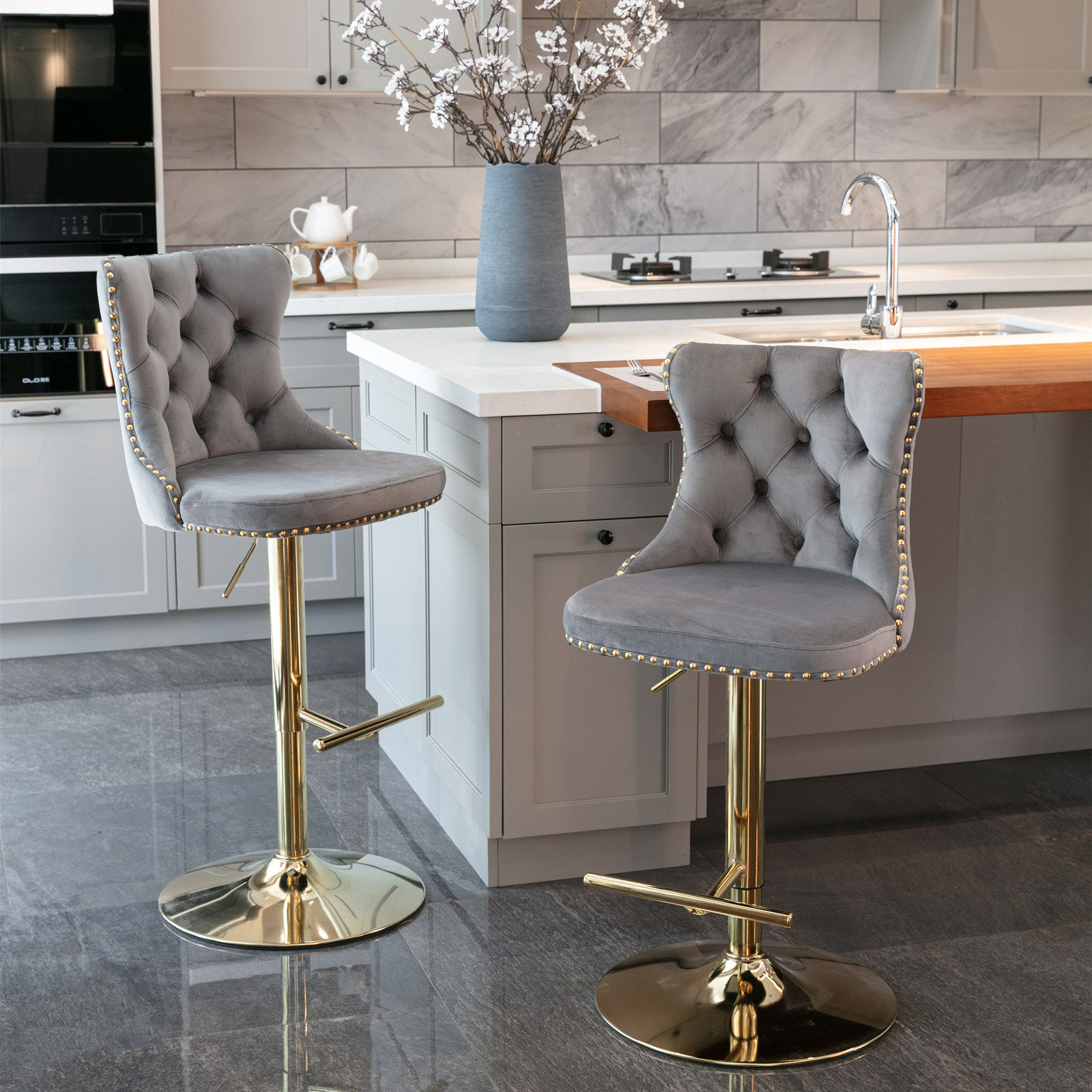Partly Assemble Gray&Gold Velvet+Foam Bar Stools