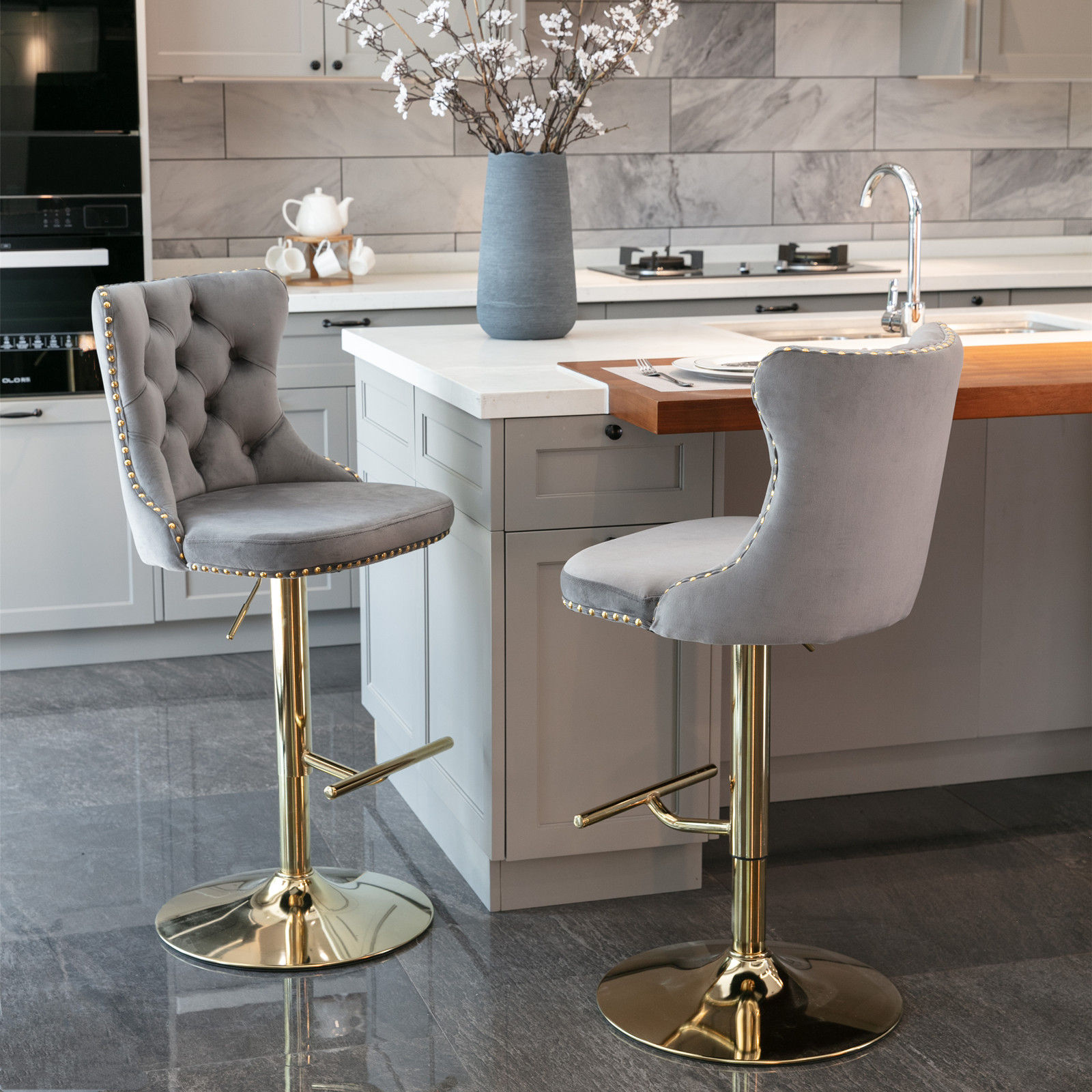 Modern Gray&Gold Velvet+Foam Bar Stools