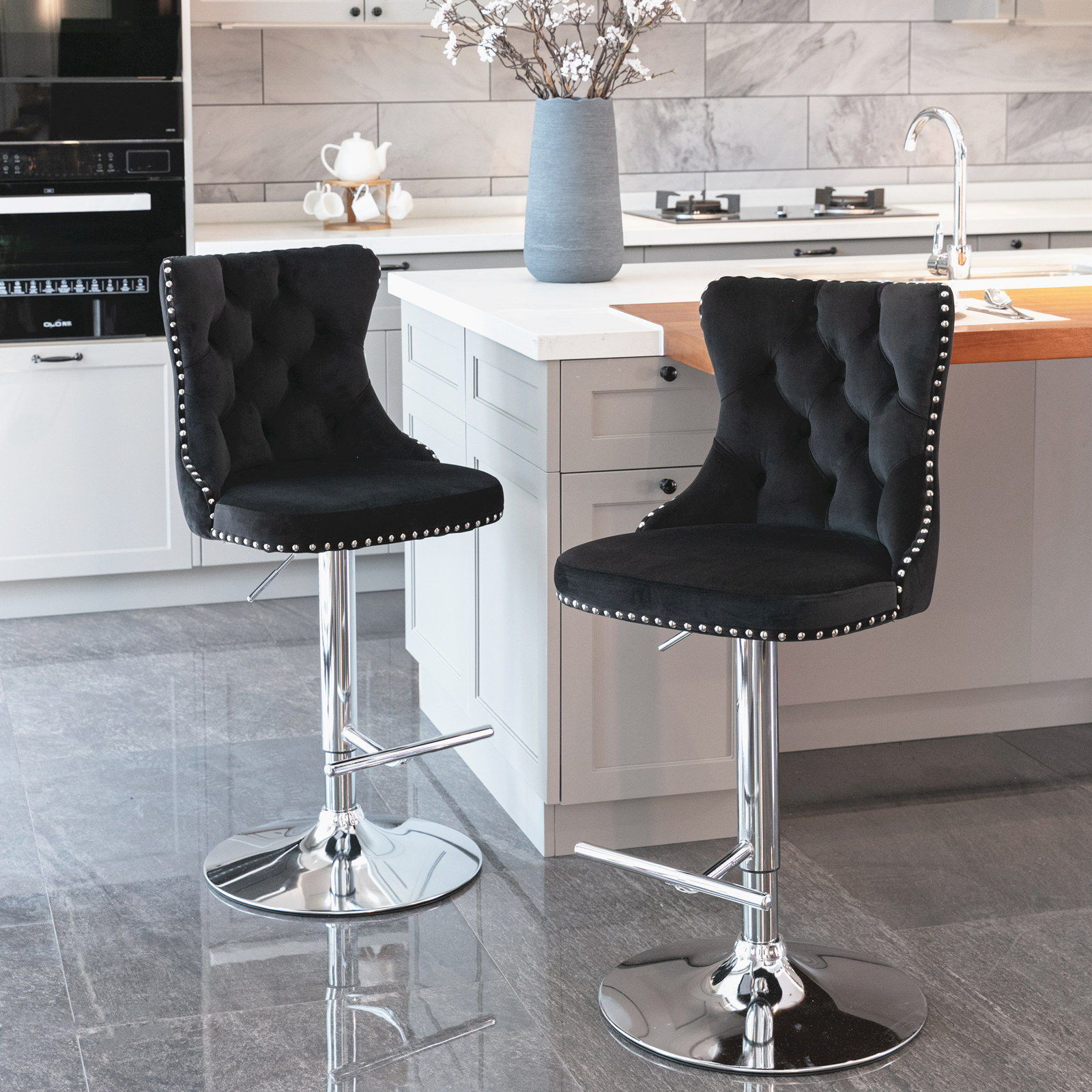 Modern Black & Silver Velvet+Foam Bar Stools
