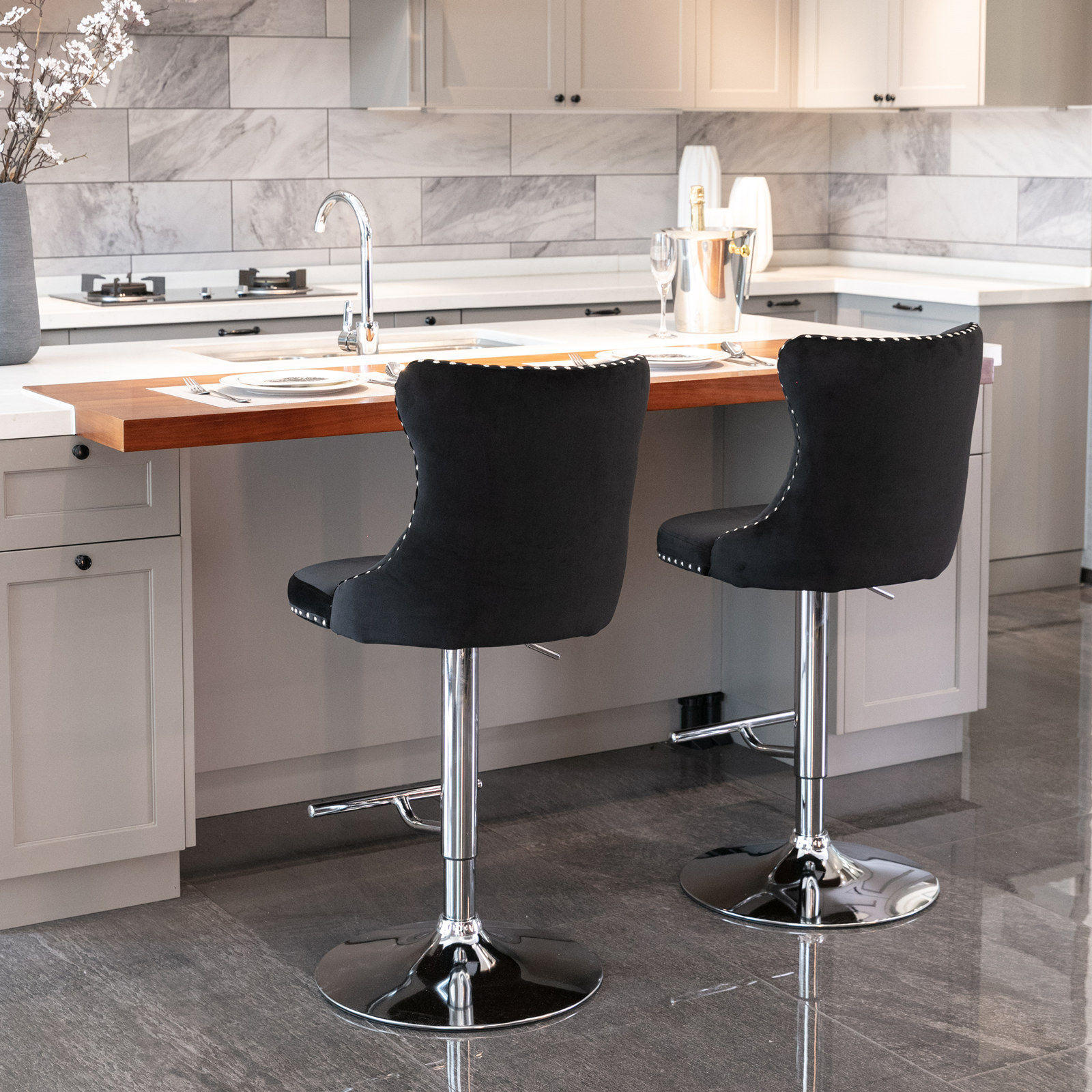 Partly Assemble Black & Silver Velvet+Foam Bar Stools