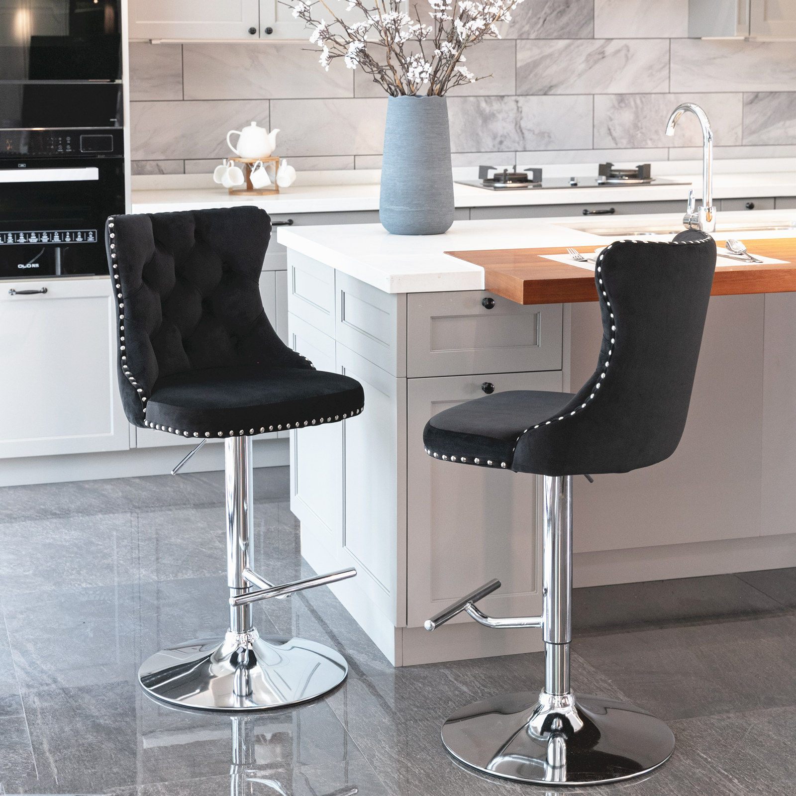 Partly Assemble Black & Silver Velvet+Foam Bar Stools