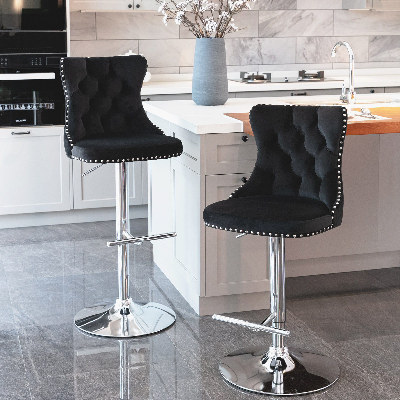 Modern Minimalist Black & Silver Velvet+Foam Bar Stools
