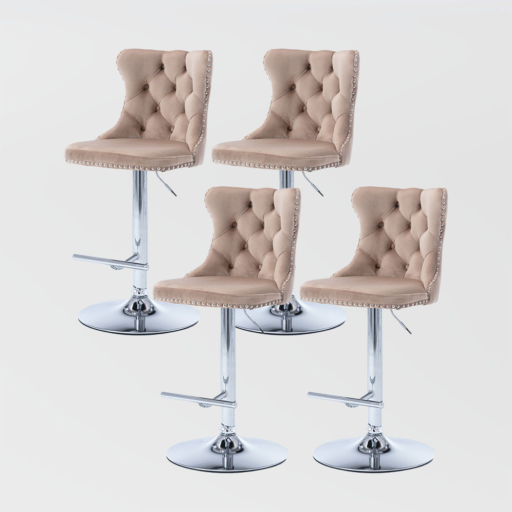 Metal Base Khaki Velvet+Foam Bar Stools