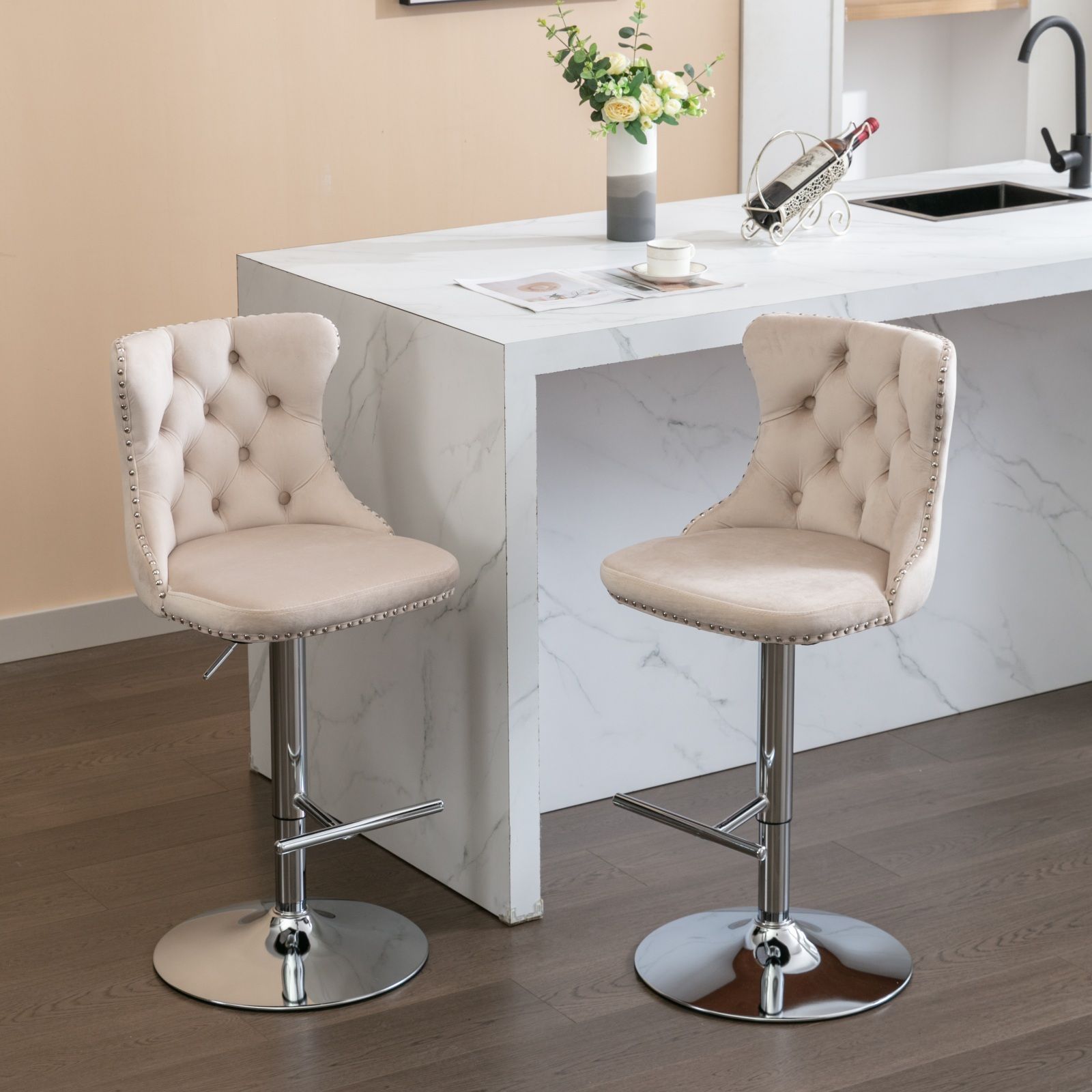 Partly Assemble Beige Velvet+Foam Bar Stools