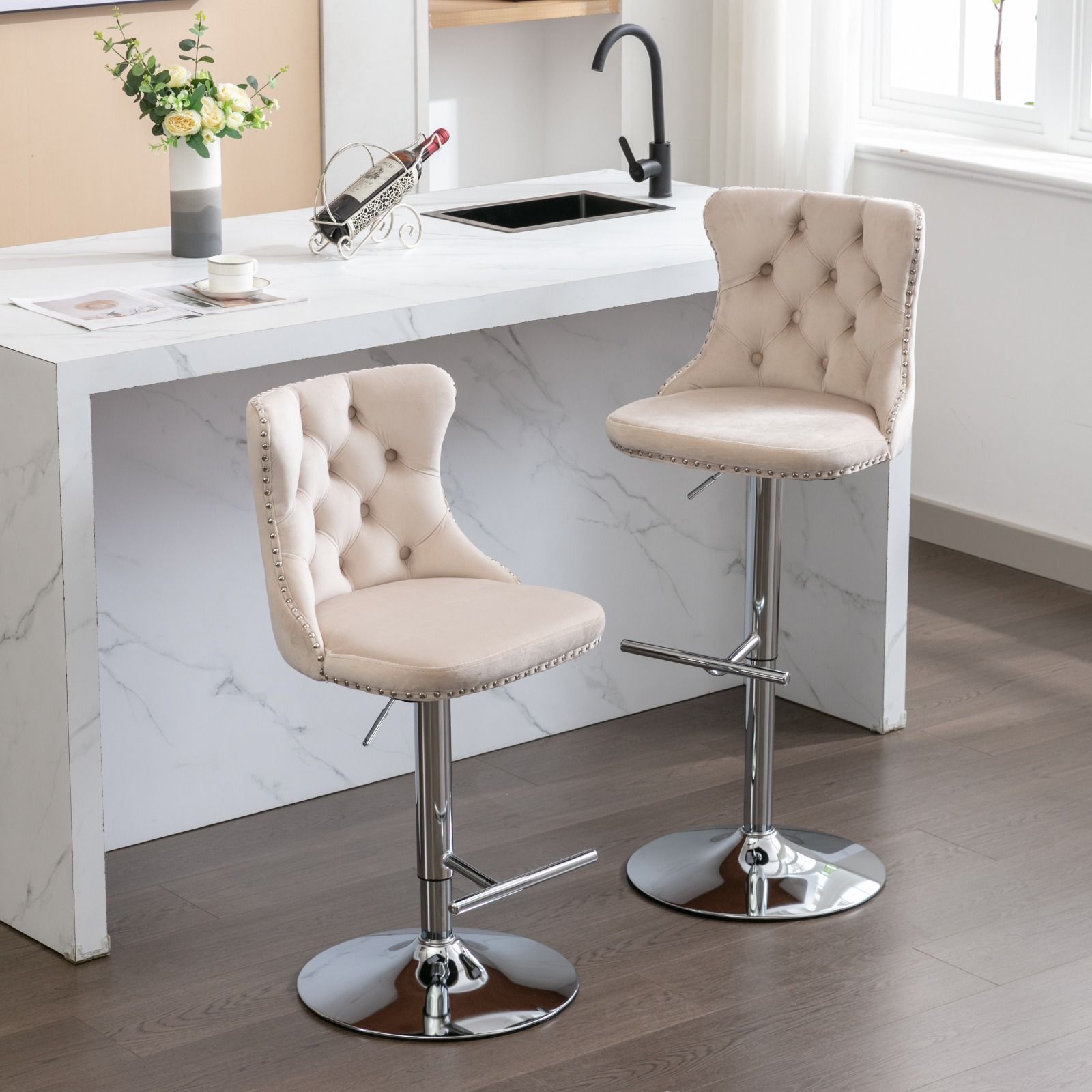 Partly Assemble Beige Velvet+Foam Bar Stools