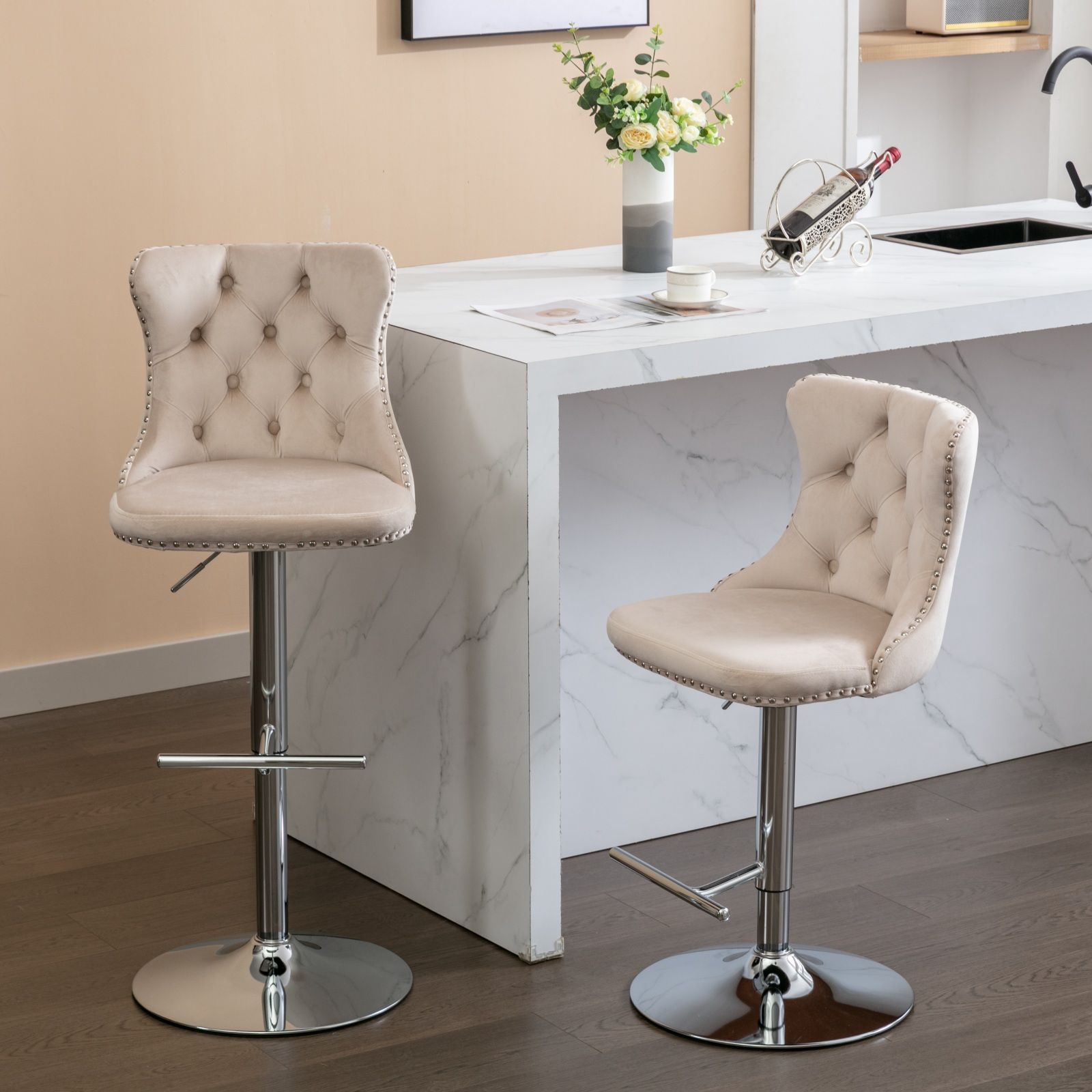 Modern Beige Velvet+Foam Bar Stools