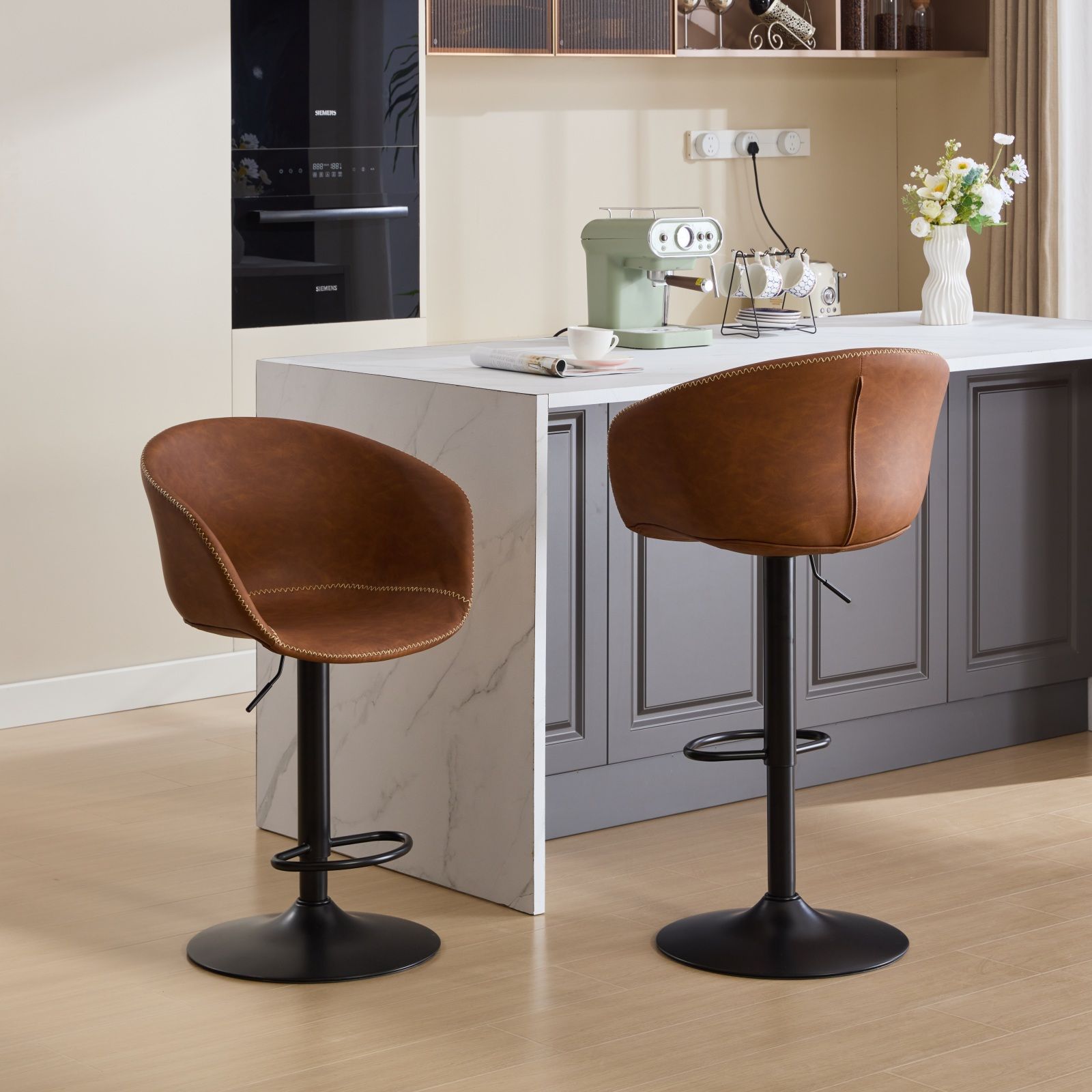 Metal Leg Brown PU Leather Bar Stools