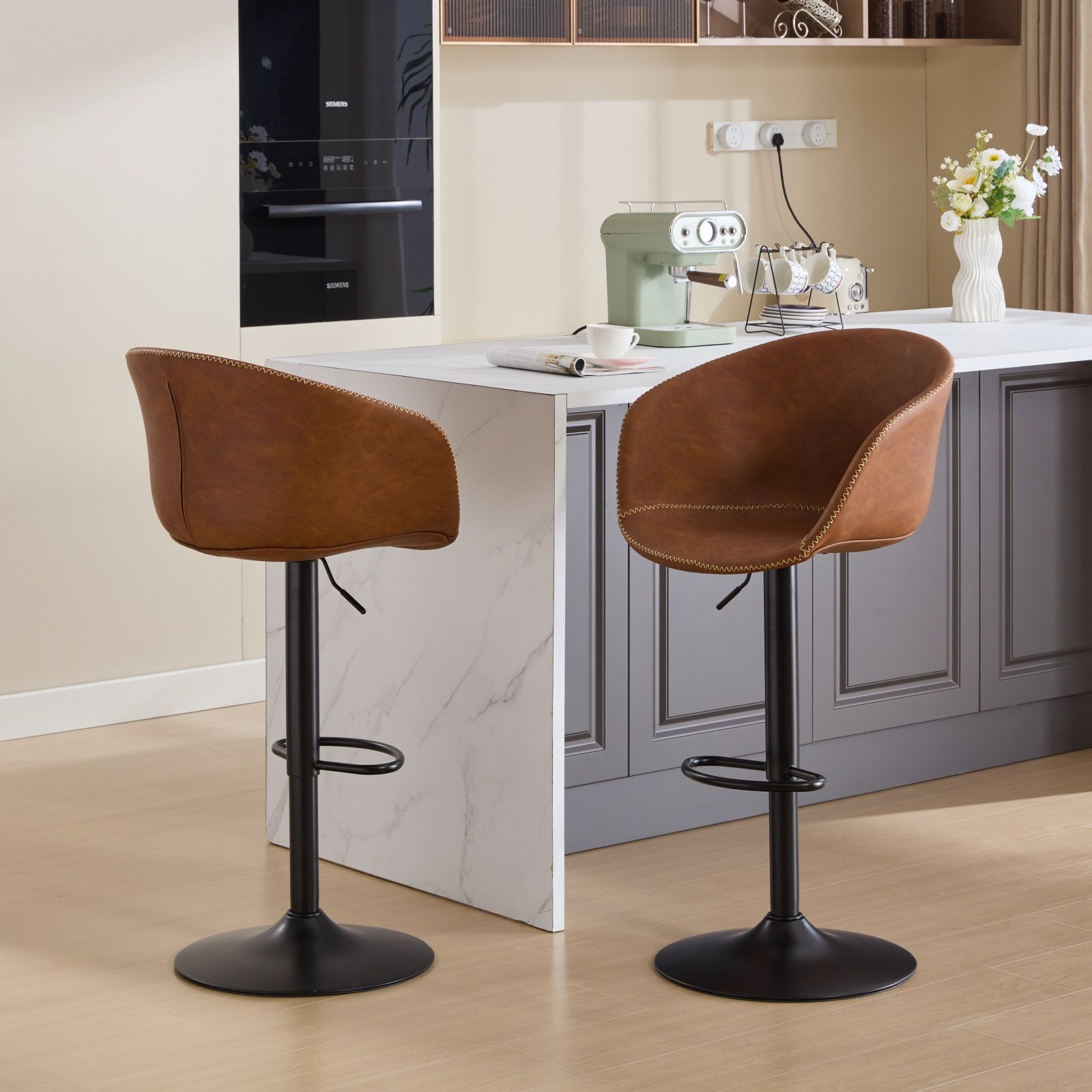 Adjustable Height Brown PU Leather Bar Stools