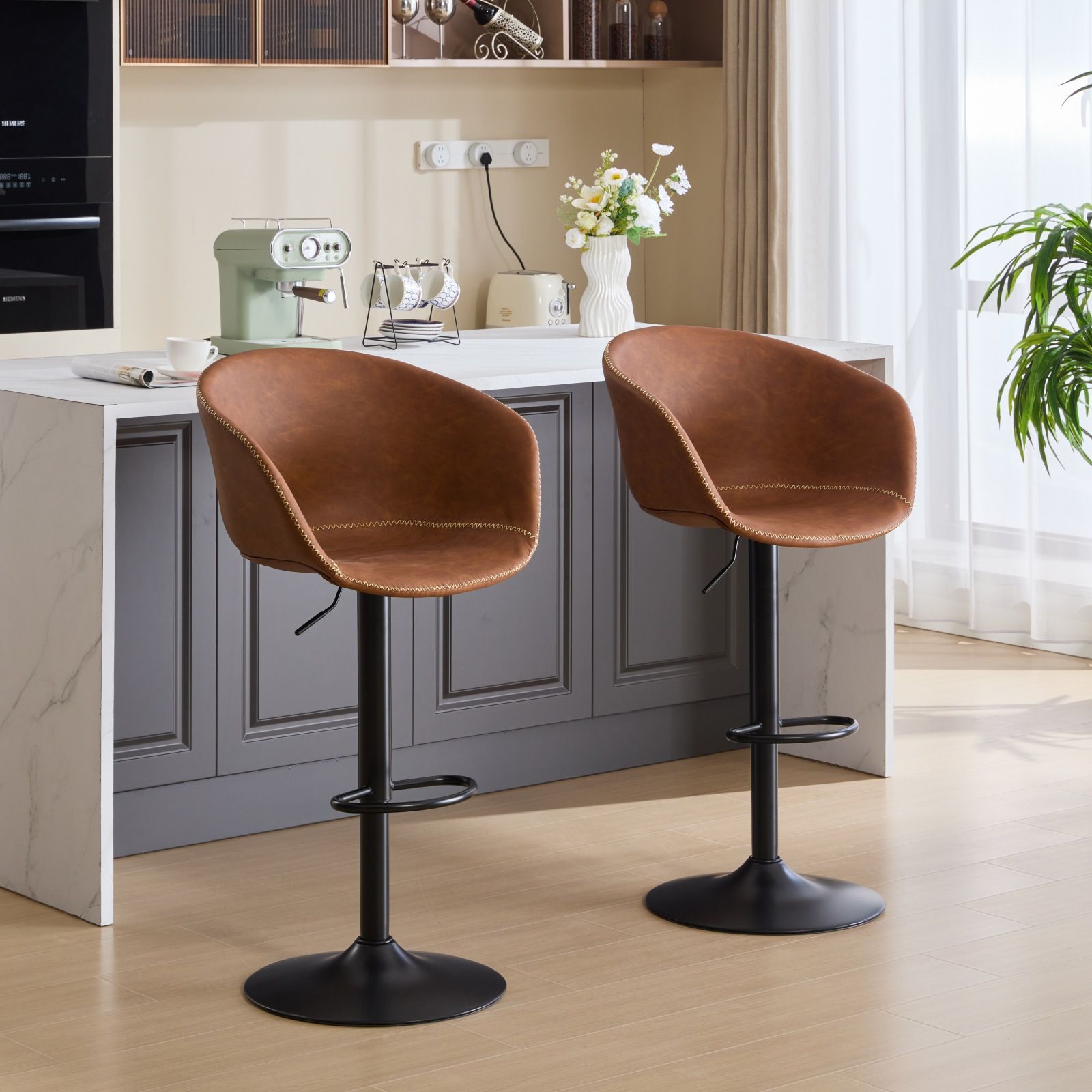 Adjustable Height Brown PU Leather Bar Stools