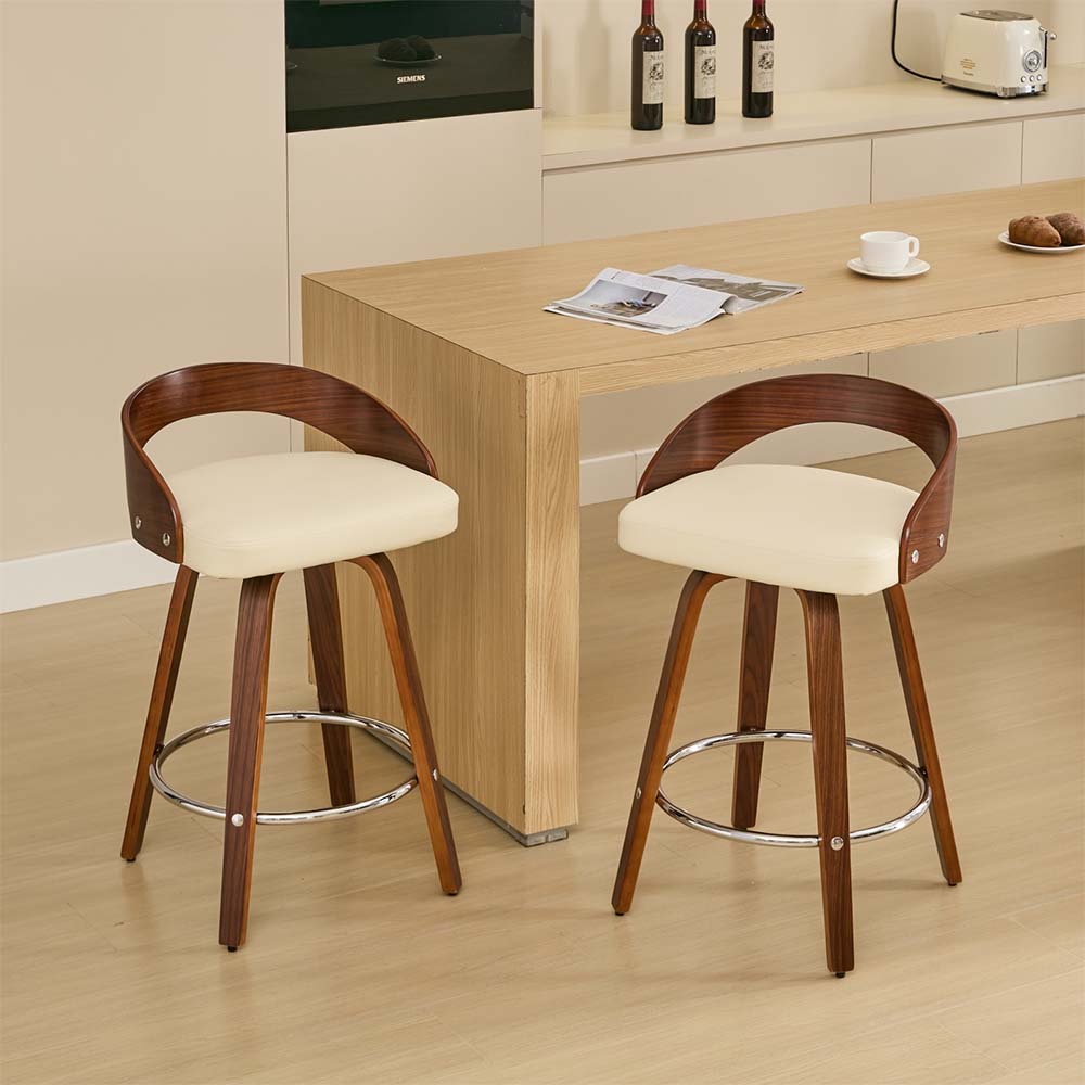 Wood Beige PU Leather Bar Stools