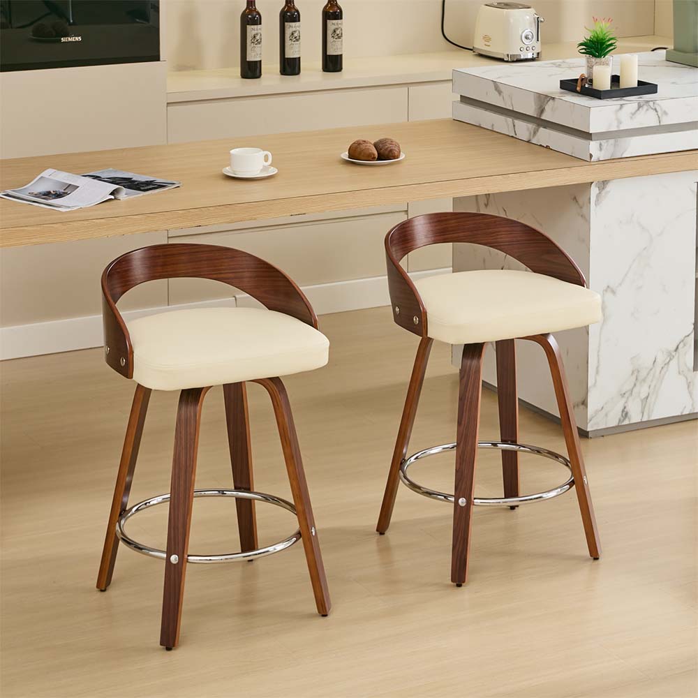 Walnut Beige PU Leather Bar Stools