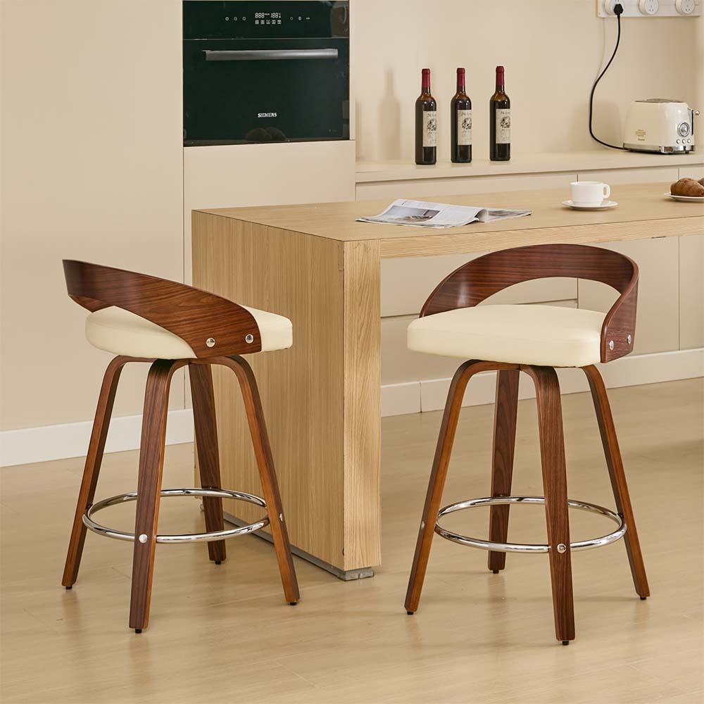 Mid Century Modern Beige PU Leather Bar Stools