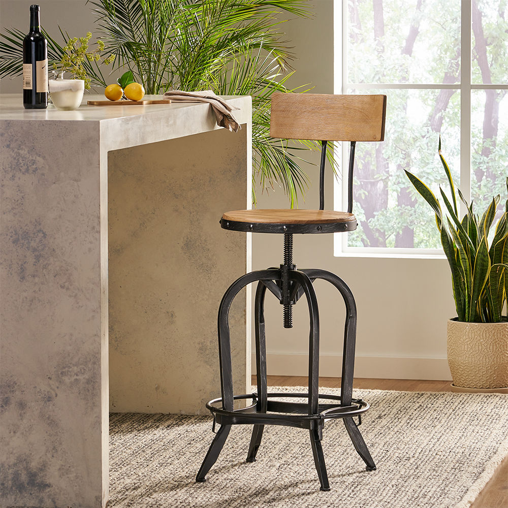 Partly Assemble Wood & Black Solid Wood+Metal Bar Stools