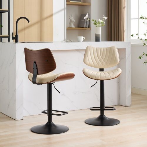 Mid Century Modern Walnut & Beige PU Leather Bar Stools