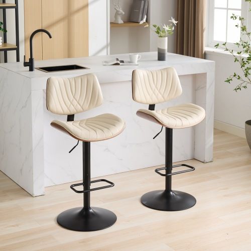 2 Seaters Walnut & Beige PU Leather Bar Stools