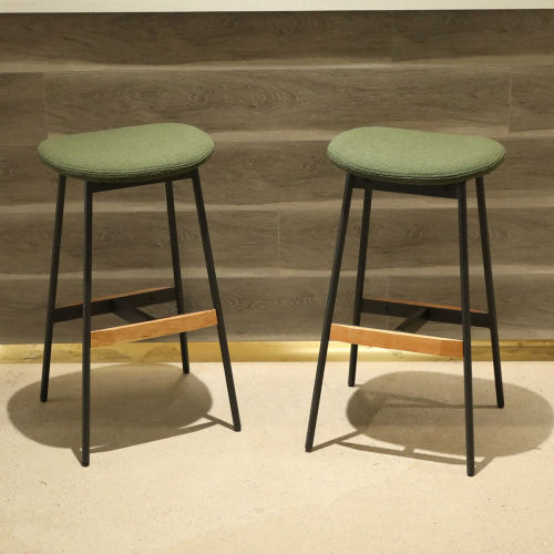 Solid Wood Leg Green Fabric &Metal Bar Stools
