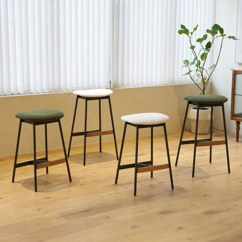 Solid Wood Leg Green Fabric &Metal Bar Stools