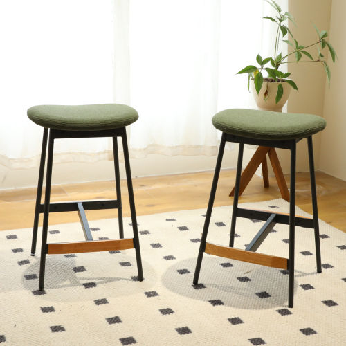 Solid Wood Leg Green Fabric &Metal Bar Stools