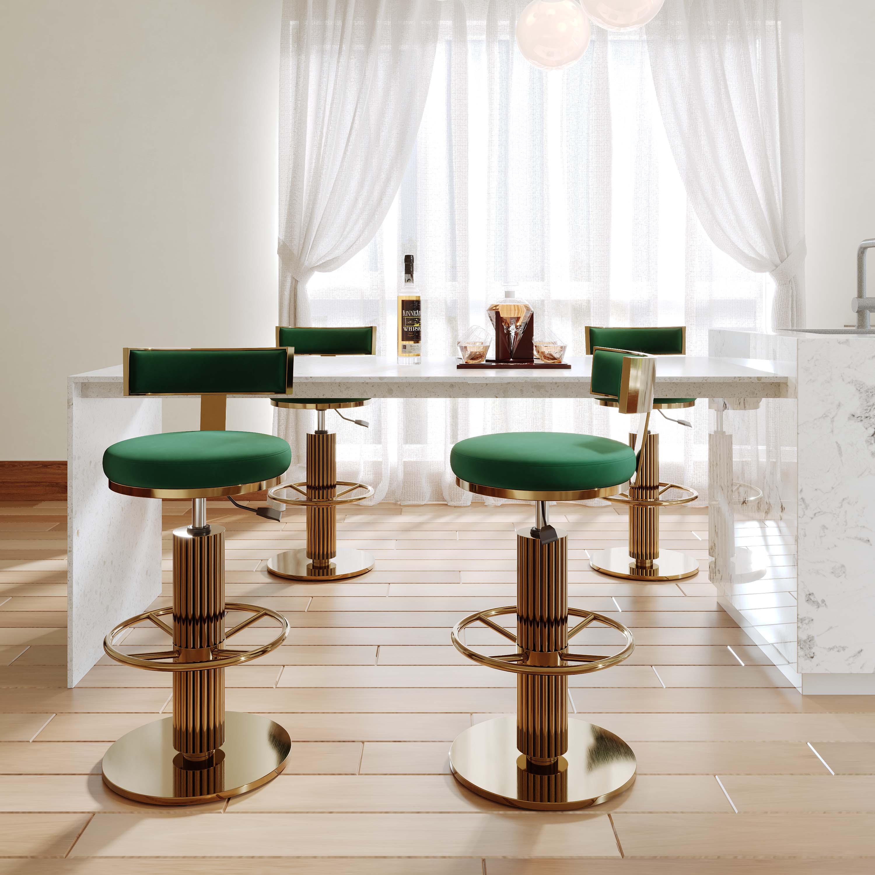 Adjustable Height Green Velvet Bar Stools
