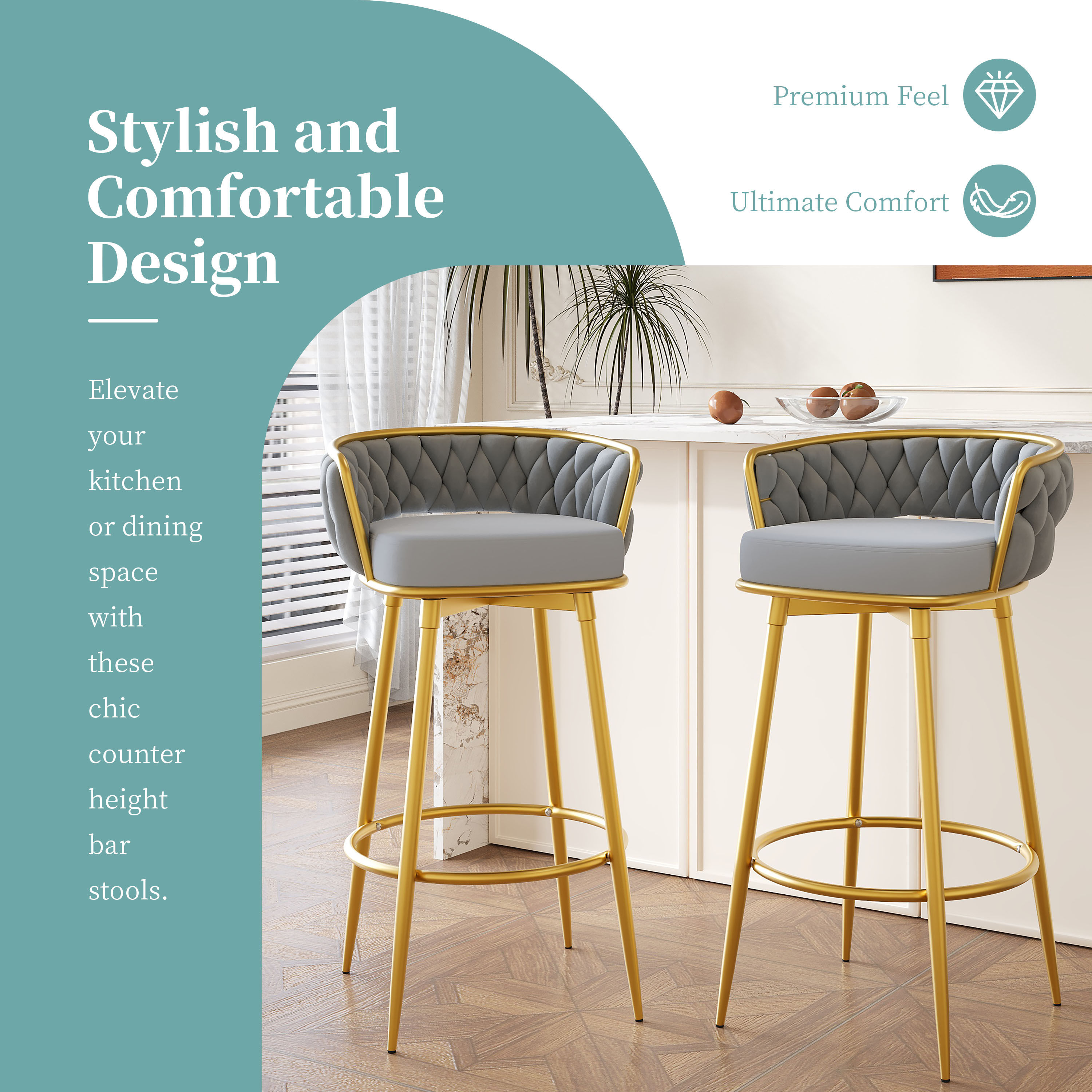 2 Seaters Gray Metal & Polyester Bar Stools