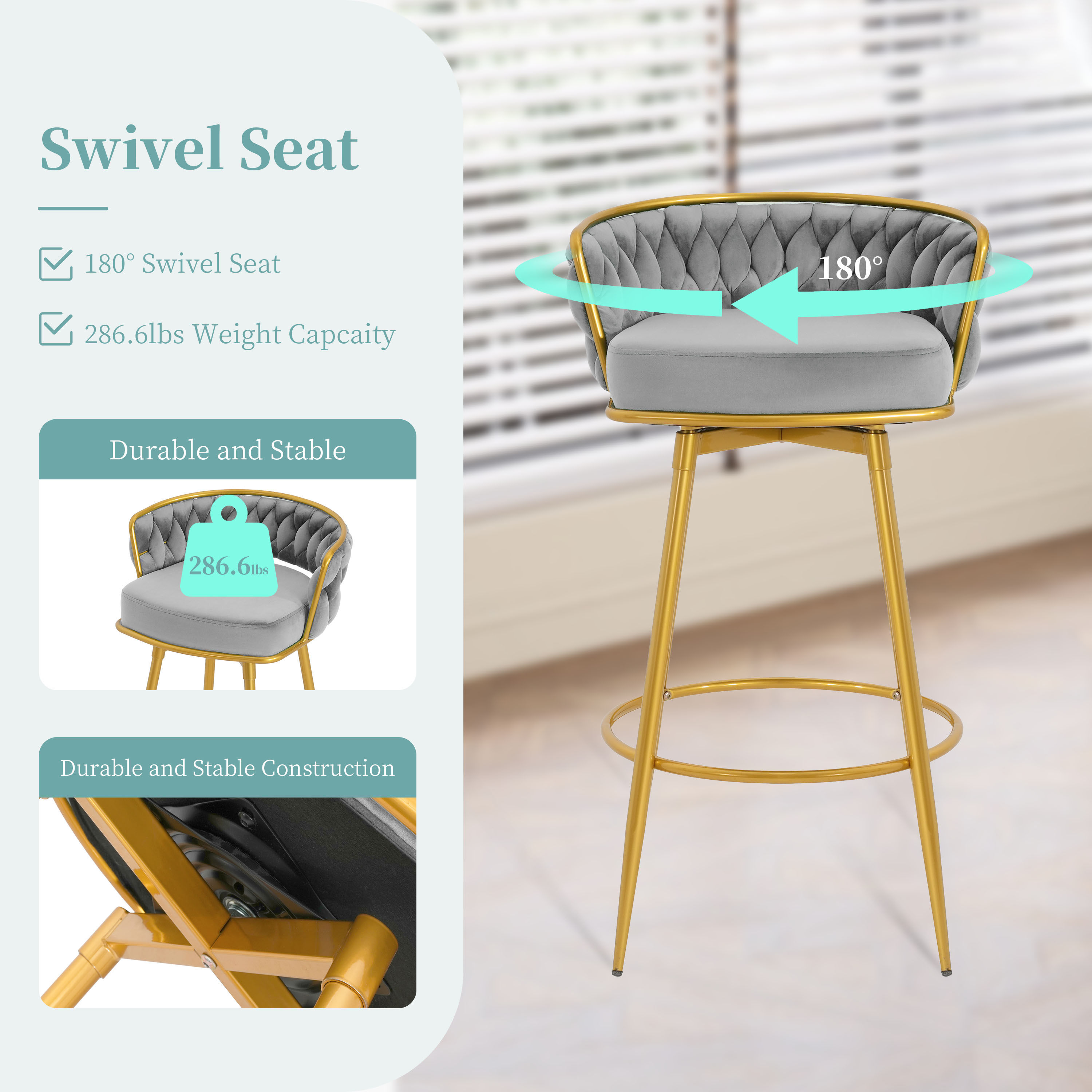 Fabric Gray Metal & Polyester Bar Stools
