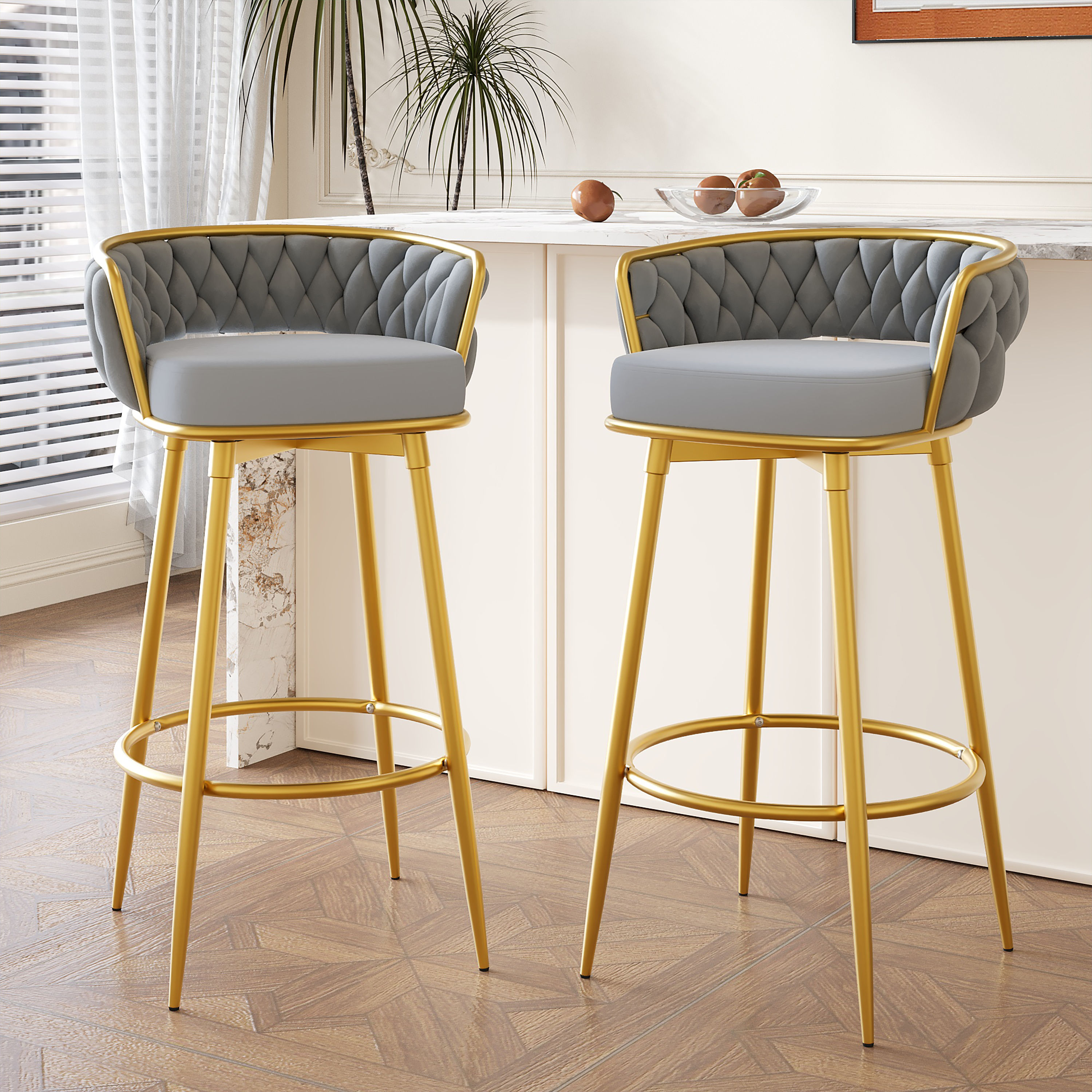 Fabric Gray Metal & Polyester Bar Stools