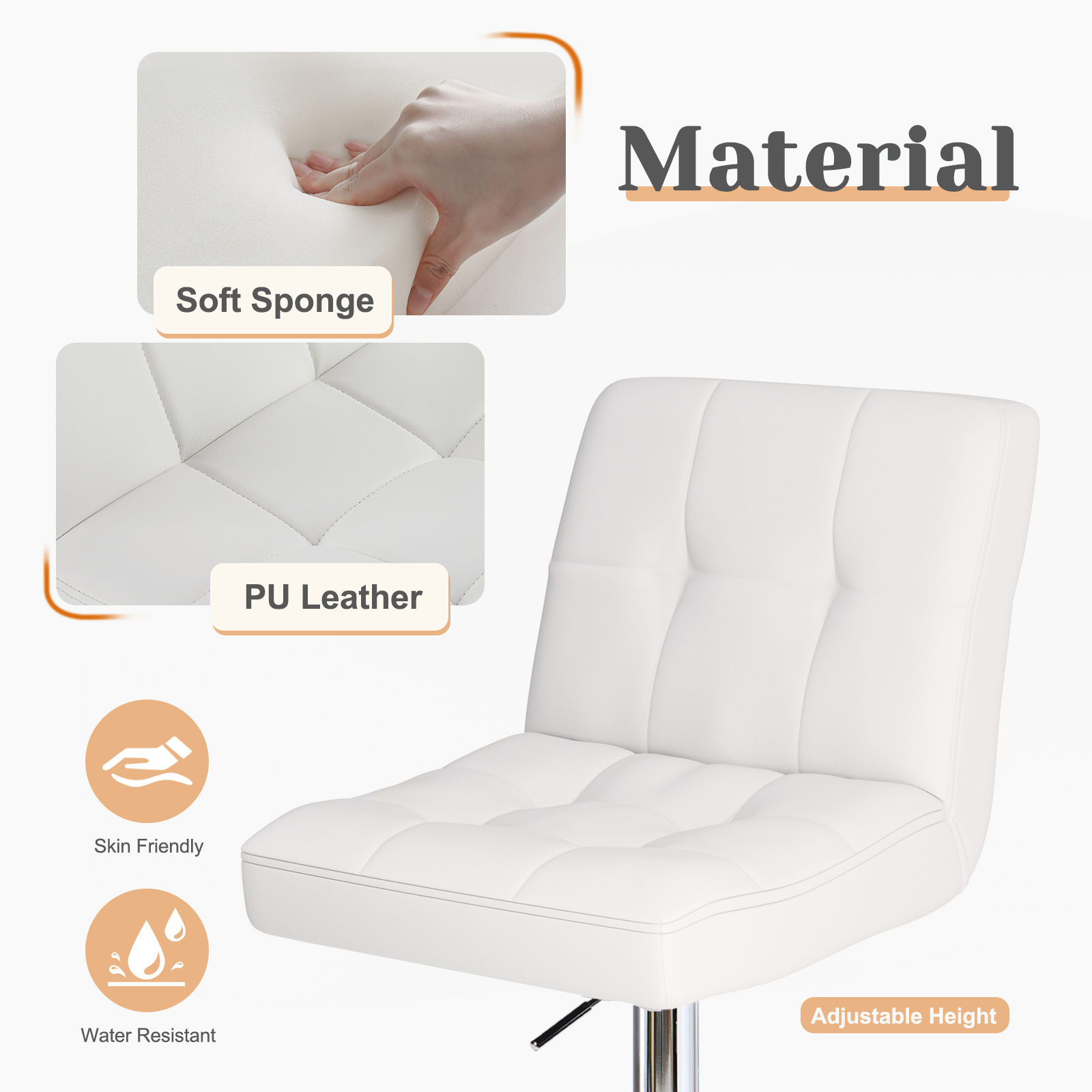 Adjustable Height White PU Leather Bar Stools