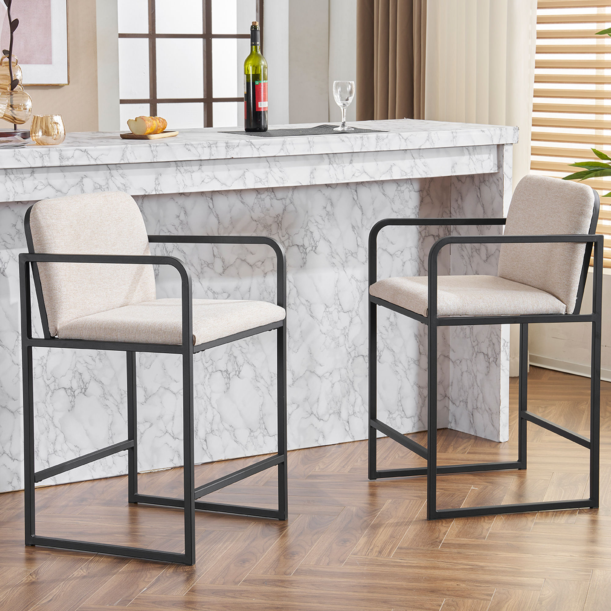 Metal Base Beige Fabric & Metal Bar Stools