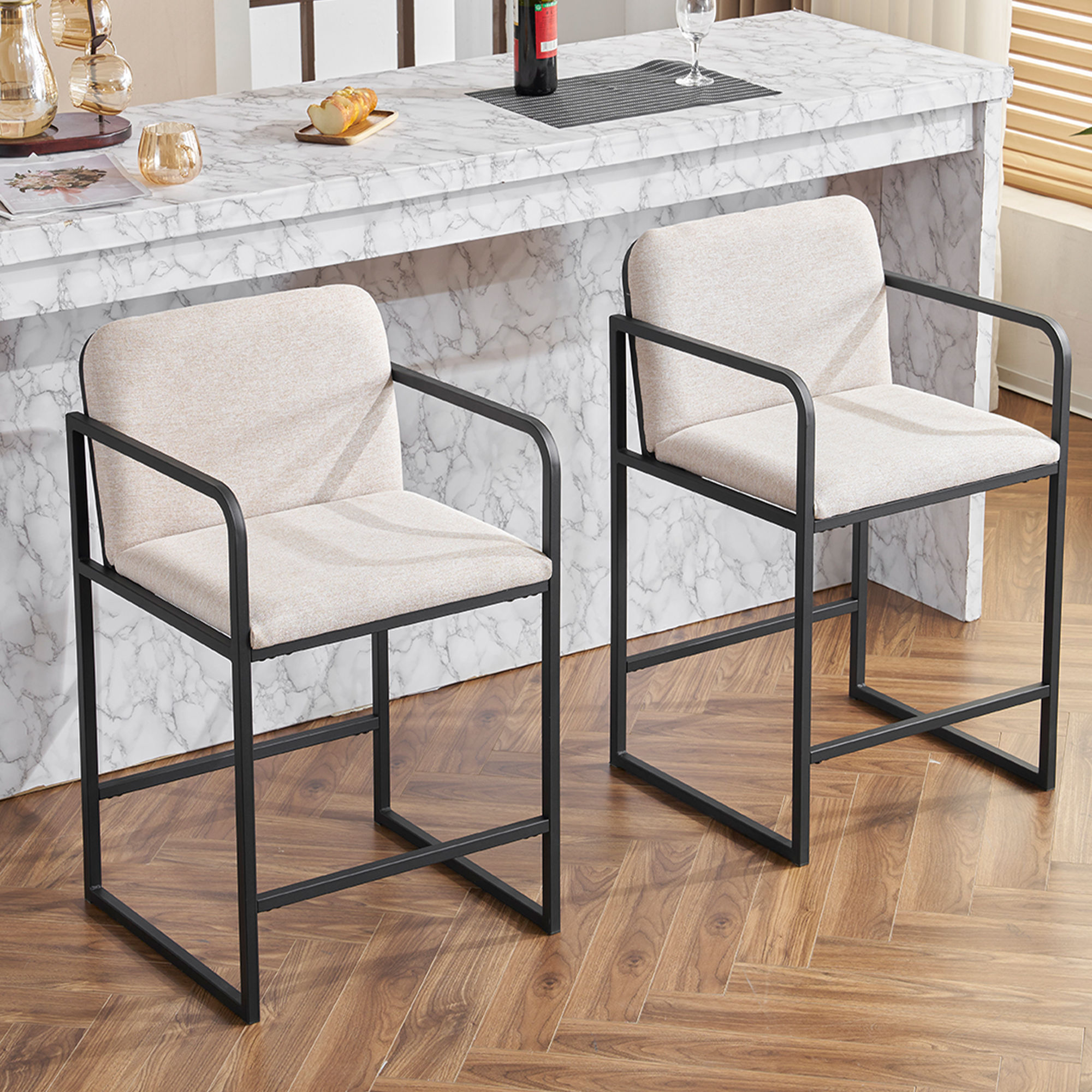 Modern Beige Fabric & Metal Bar Stools