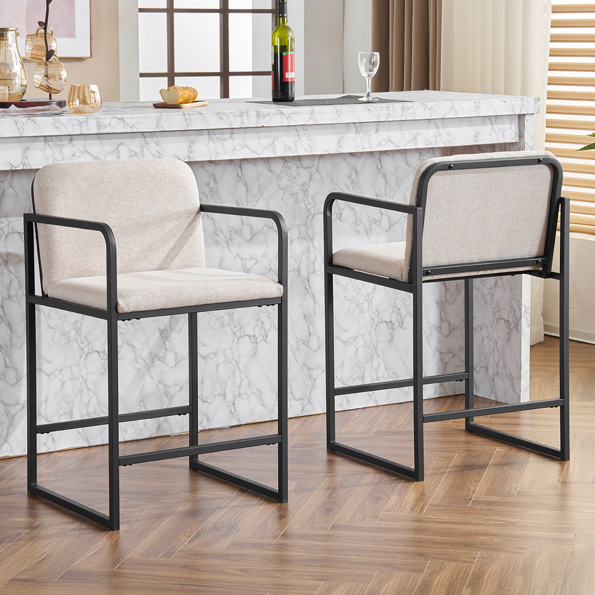 2 Seaters Beige Fabric & Metal Bar Stools