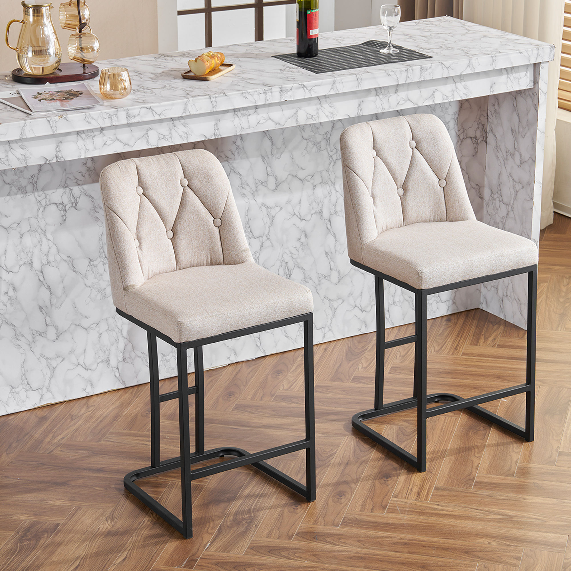 Partly Assemble Beige Fabric & Metal Bar Stools