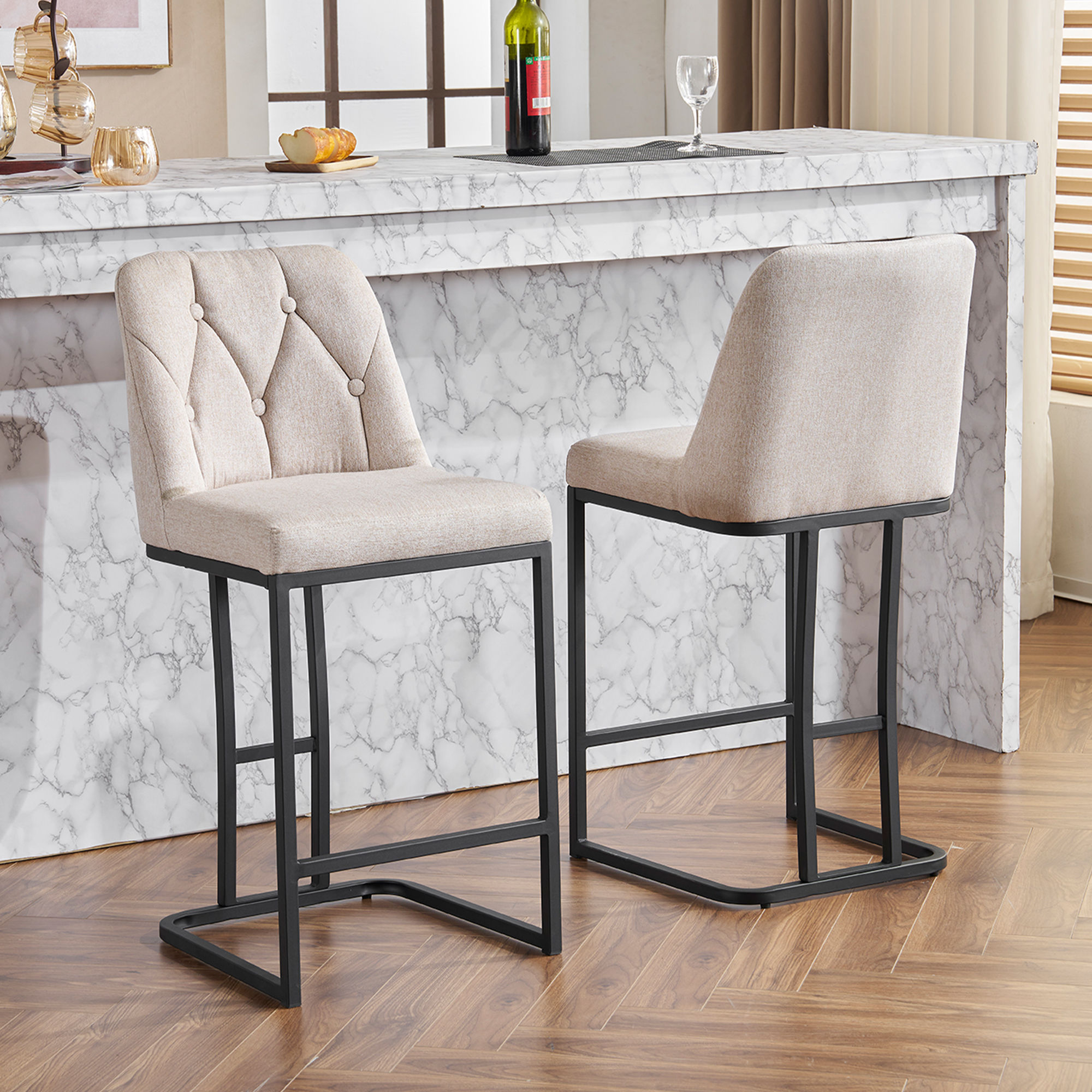 Metal Leg Beige Fabric & Metal Bar Stools