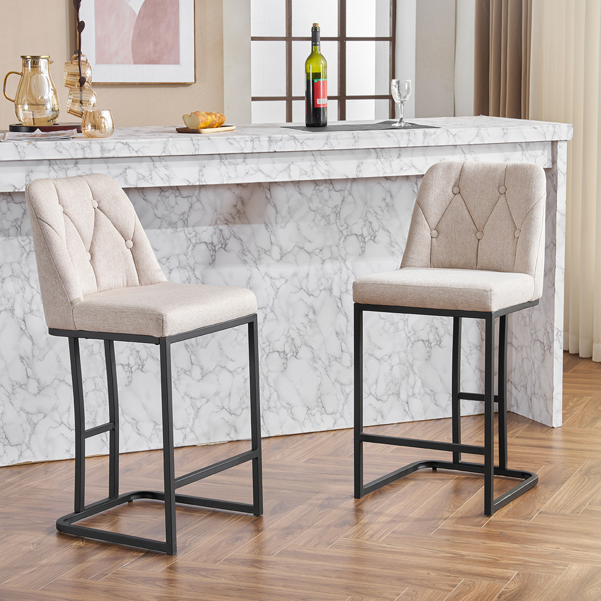Metal Leg Beige Fabric & Metal Bar Stools