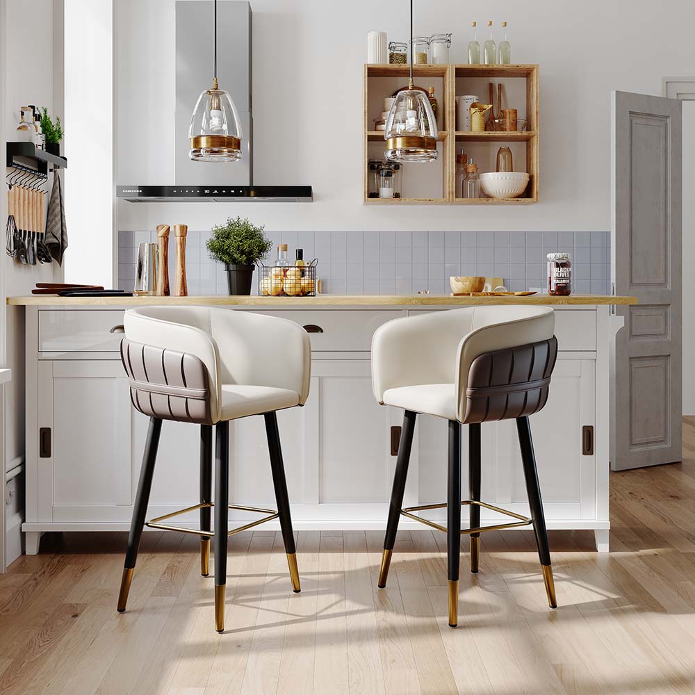Leather Beige & Brown PU Leather Bar Stools