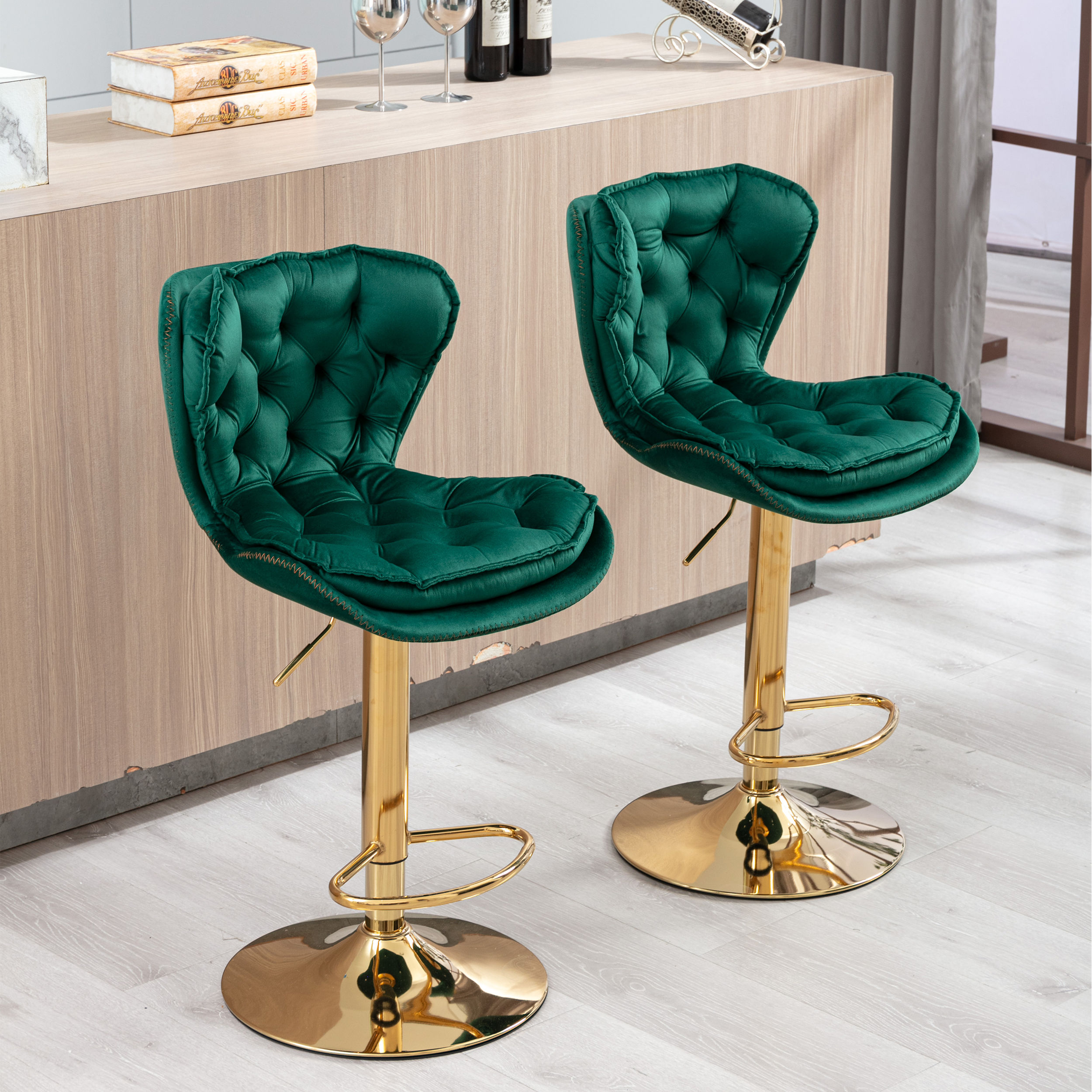 Modern Minimalist Green Velvet Bar Stools
