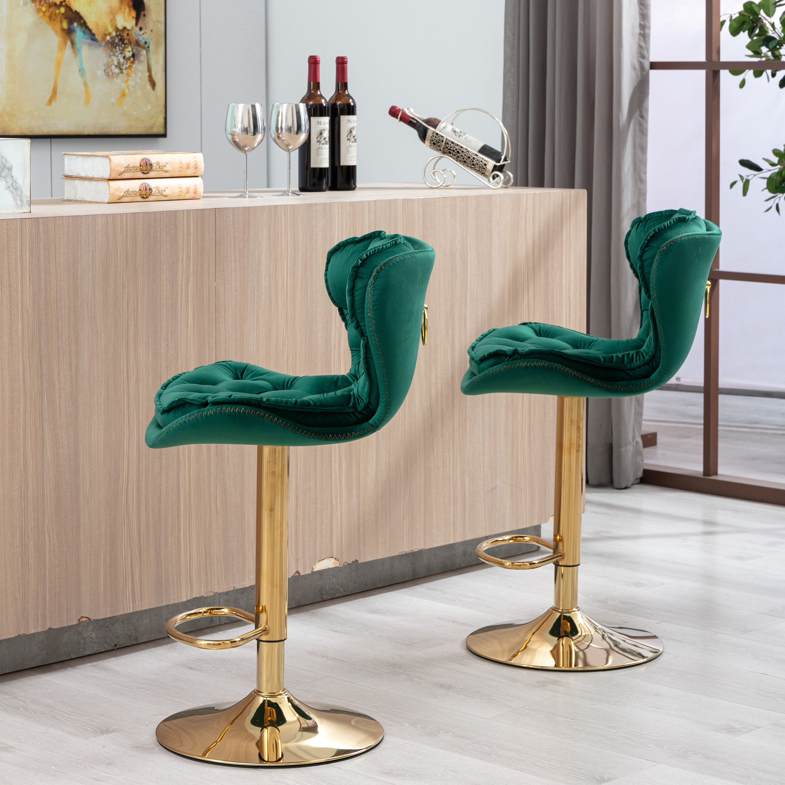 Adjustable Height Green Velvet Bar Stools