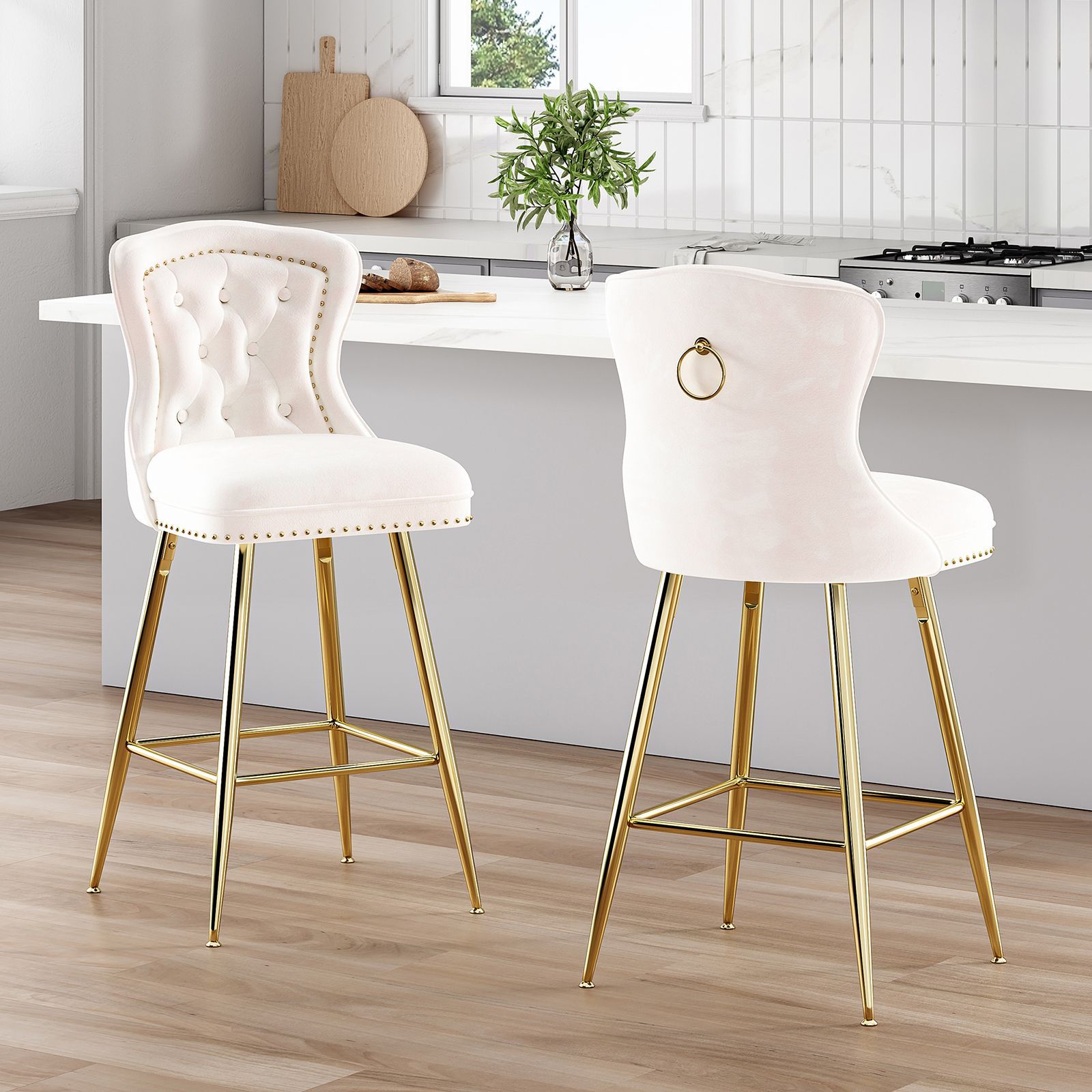 Modern Luxury Beige & Gold Velvet Bar Stools & Counter Stools