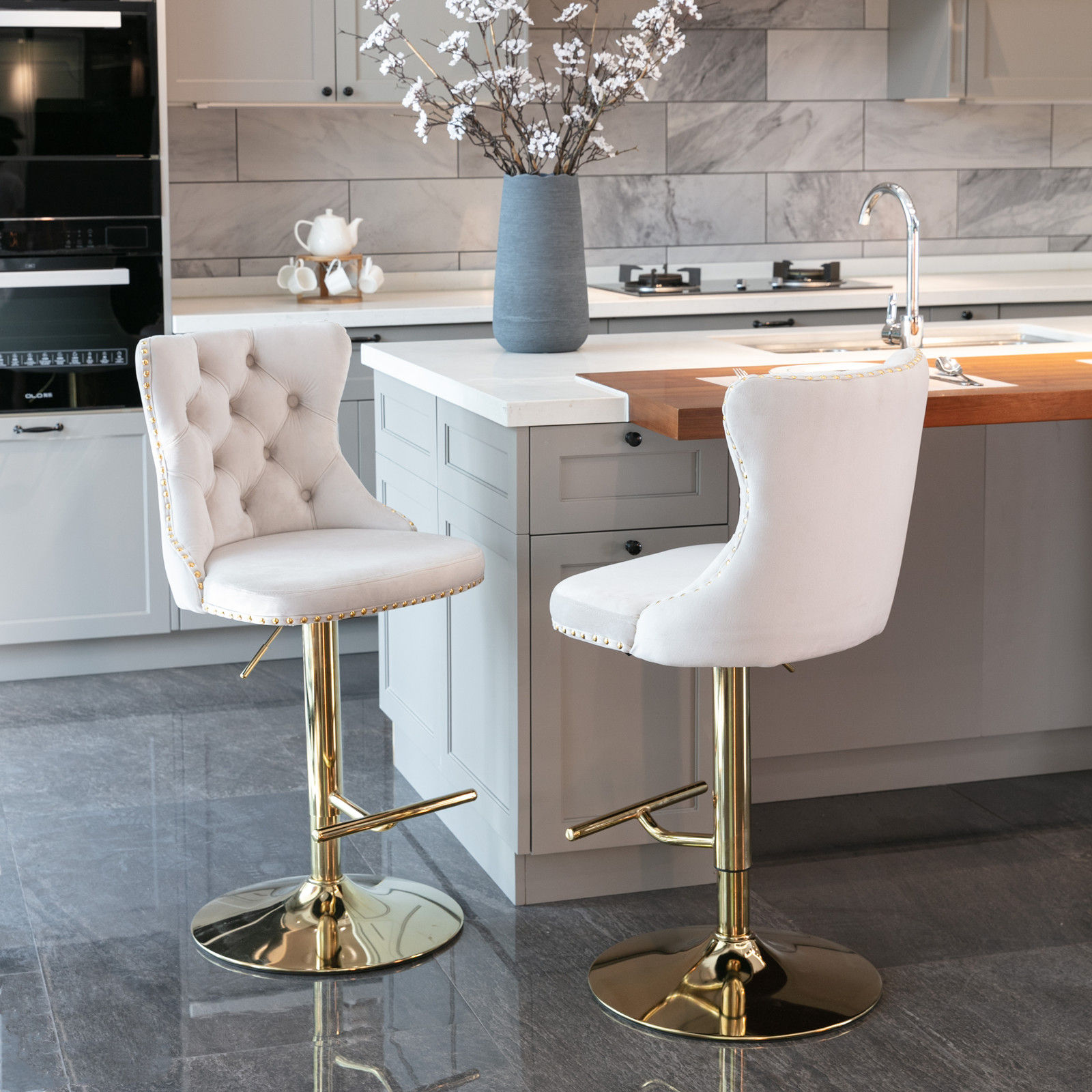 Modern Minimalist Beige Velvet+Foam Bar Stools & Counter Stools