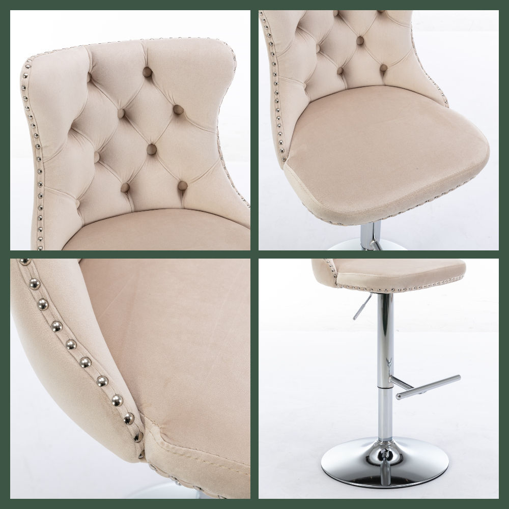 Adjustable Height Beige Velvet+Foam Bar Stools & Counter Stools