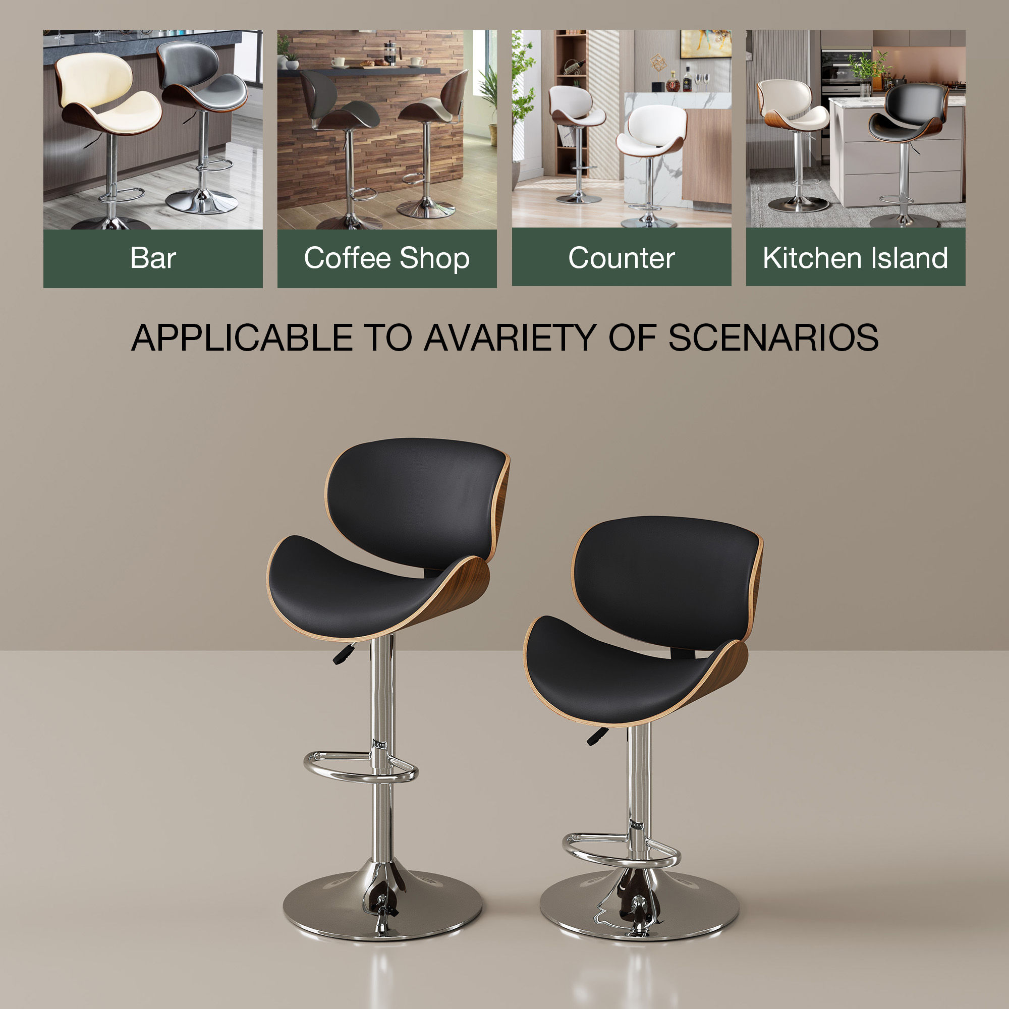 Rotate Black & Walnut PU Leather Bar Stools & Counter Stools