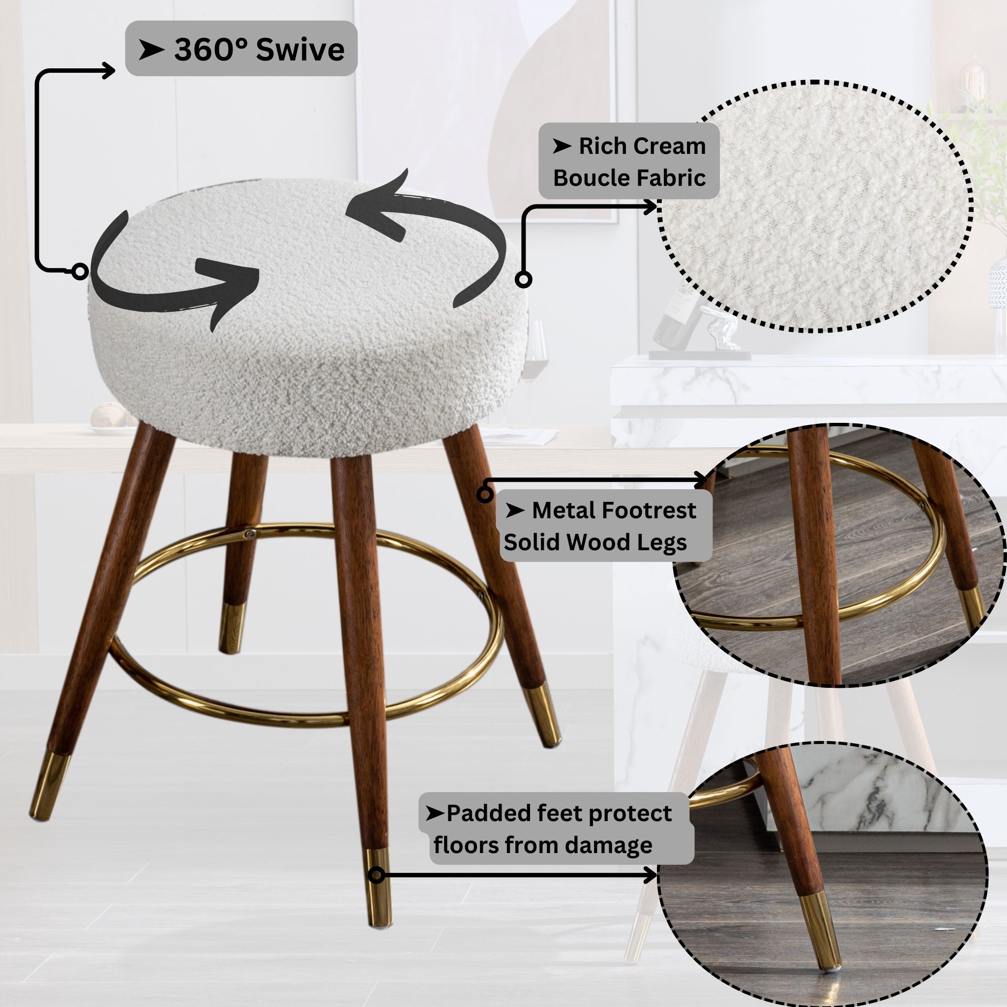 Solid Wood White & Walnut Boucle Bar Stools & Counter Stools