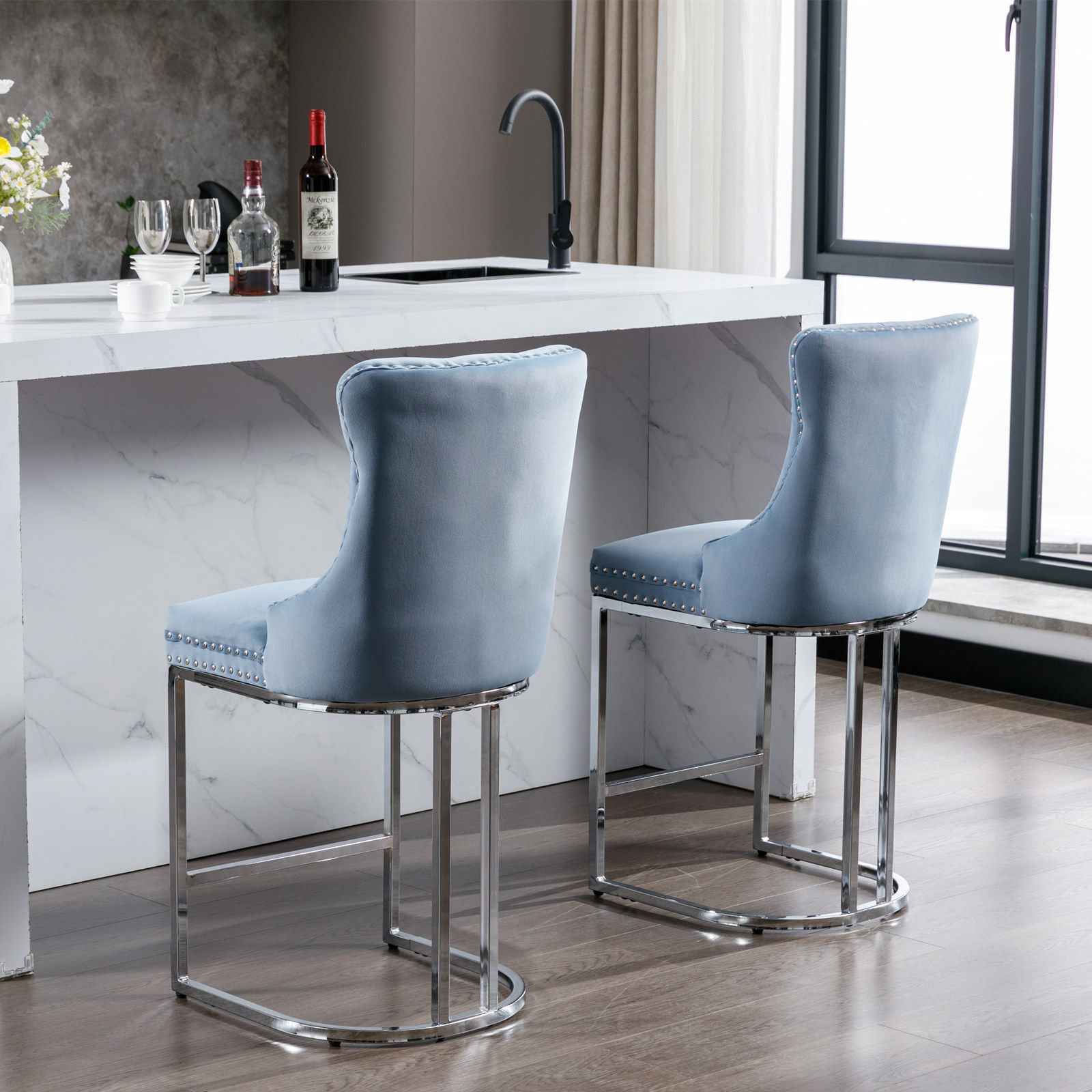 Modern Blue & Silver Velvet Bar Stools & Counter Stools
