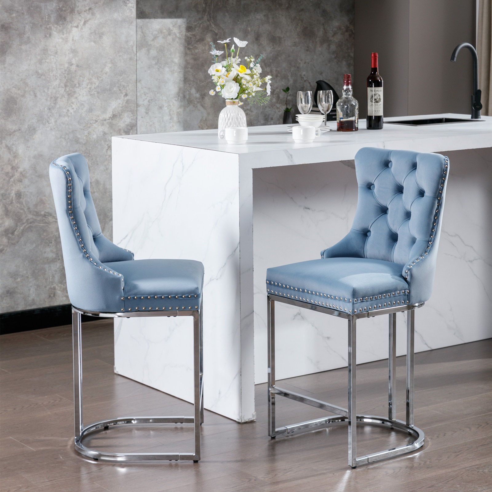 Counter Height Blue & Silver Velvet Bar Stools & Counter Stools