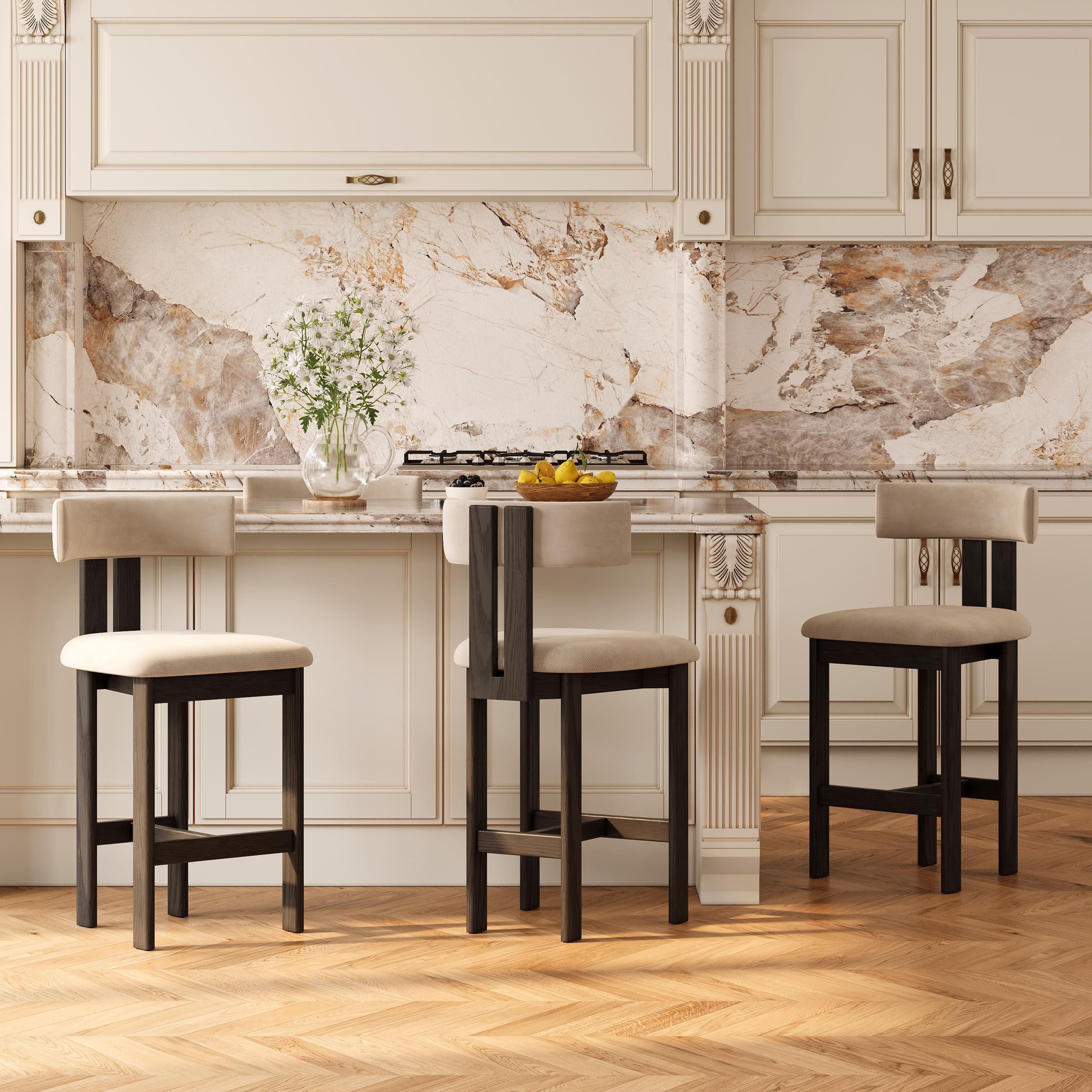 Solid Wood Beige & Black Cotton Linen Bar Stools & Counter Stools