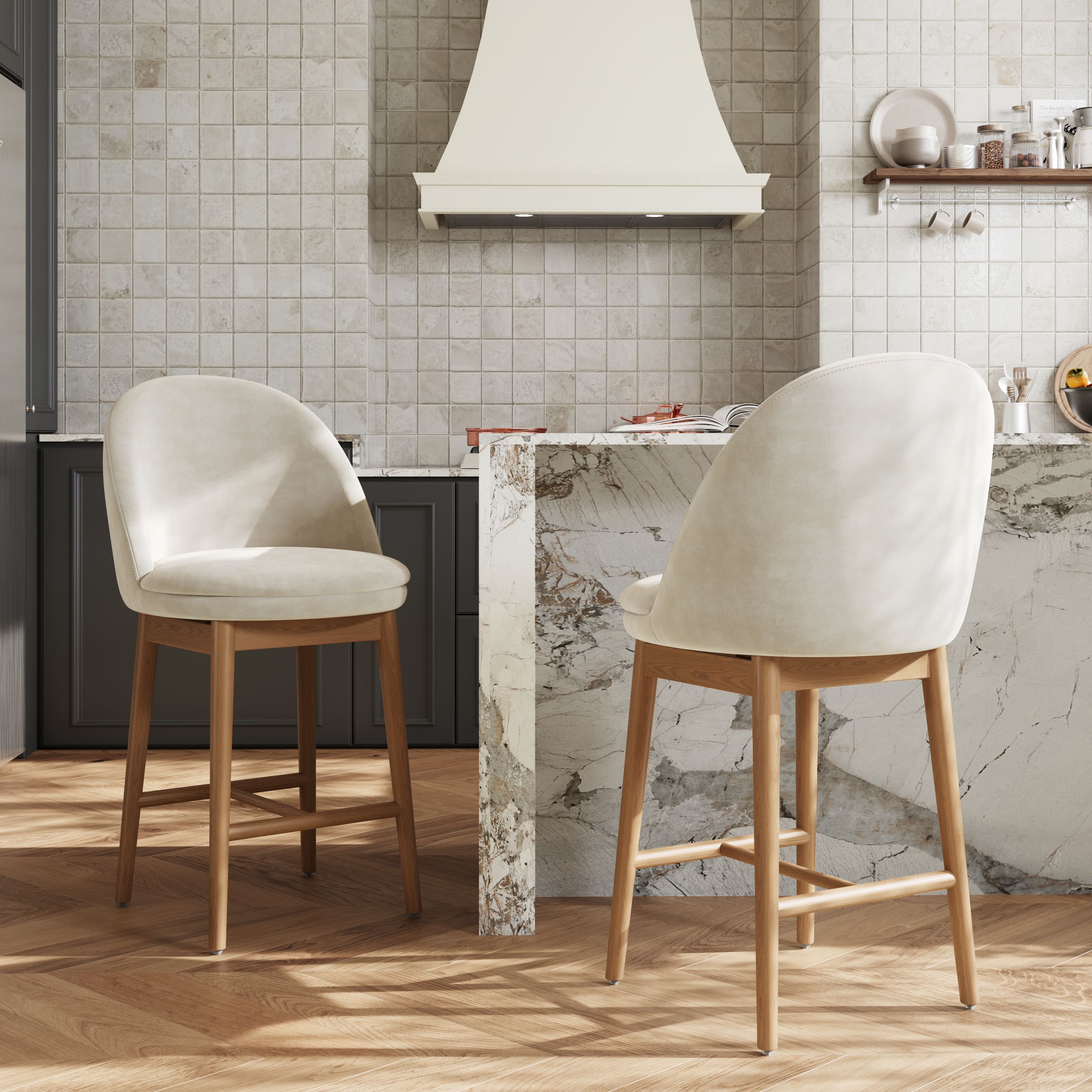 Beige Beige & Light Walnut Cotton Linen Bar Stools & Counter Stools