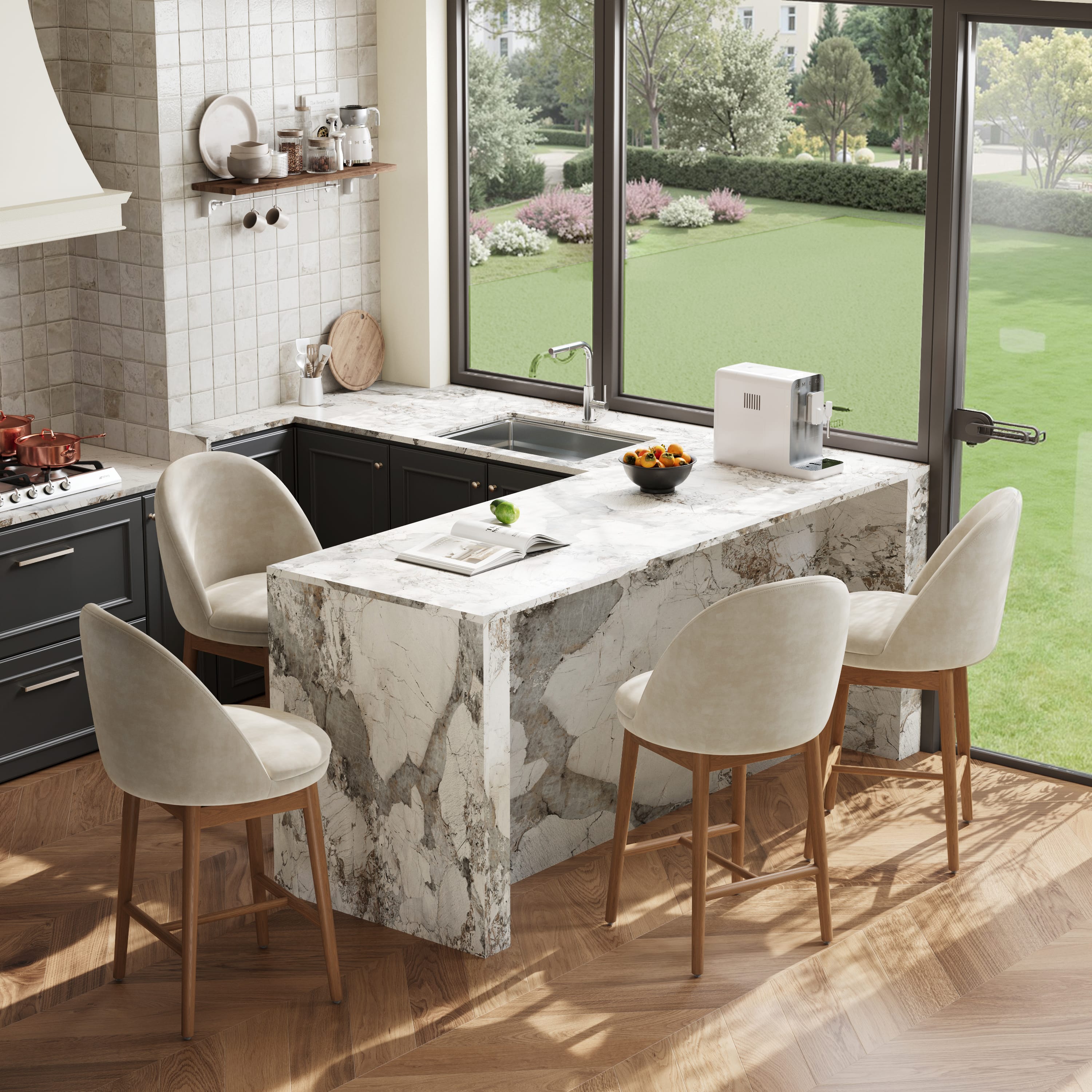 Light Walnut Beige & Light Walnut Cotton Linen Bar Stools & Counter Stools