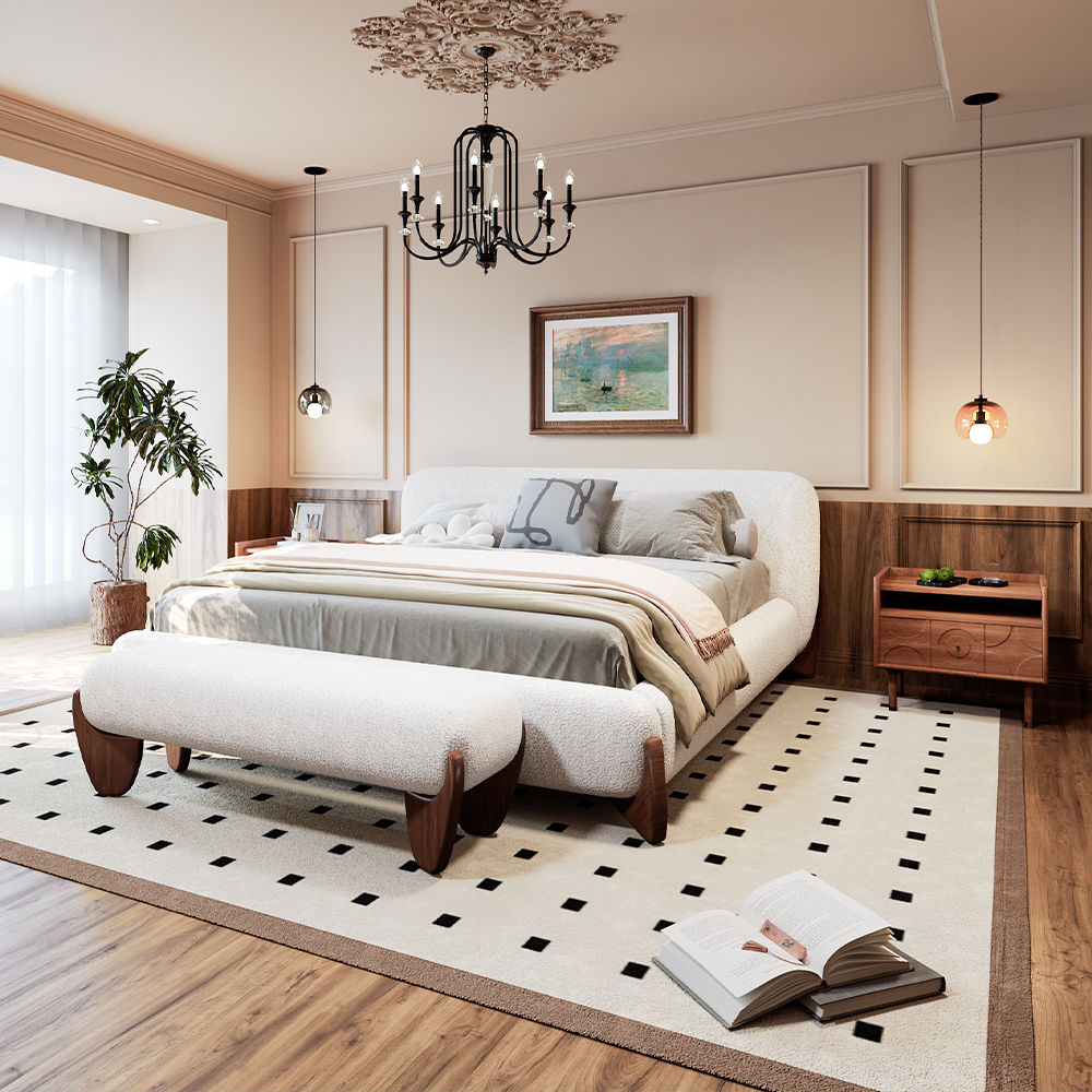 Partly Assemble Beige Boucle Bedroom Set
